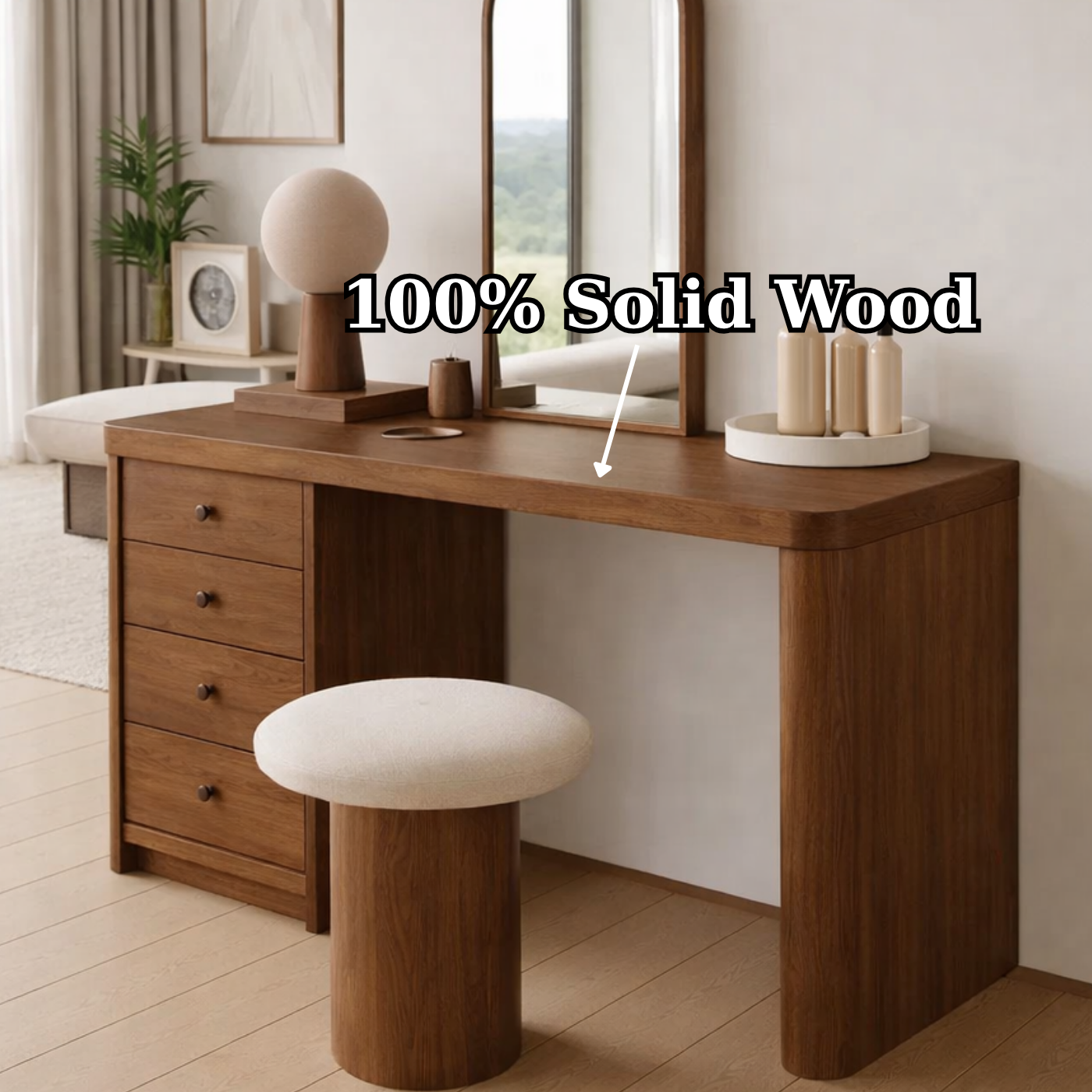 Solid Wood Makeup Vanity Desk – Modern Vanity Table with Drawers