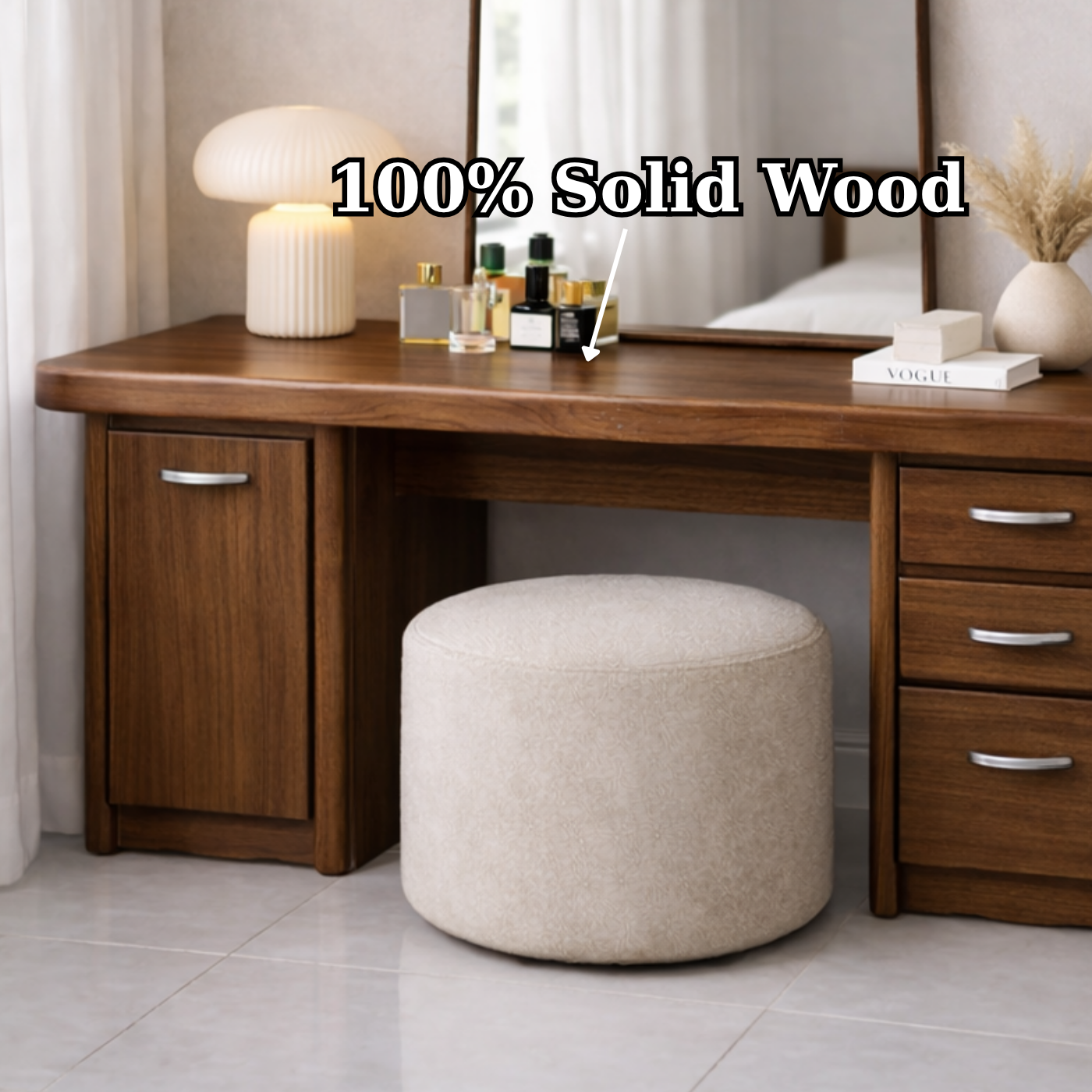 Solid Wood Makeup Vanity Desk with Side Cabinet and 3 Drawers, Modern Wooden Dressing Table
