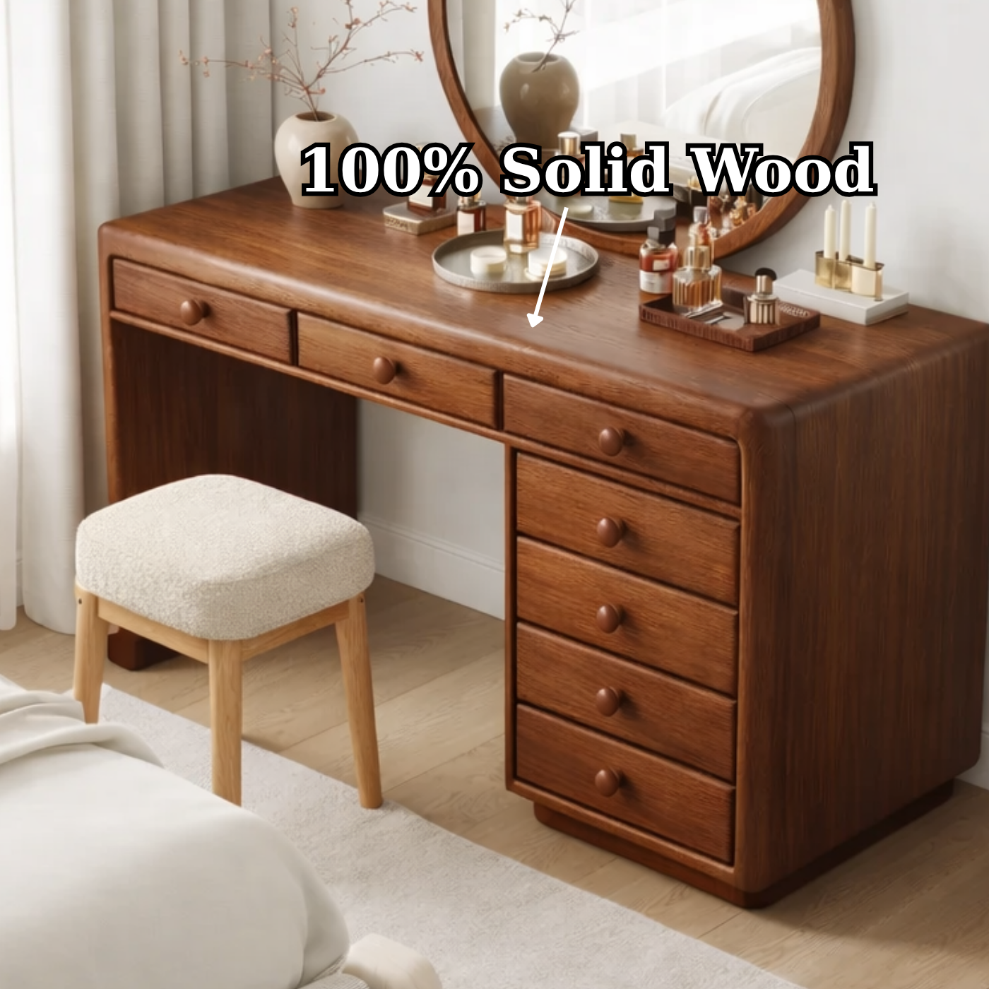 Solid Wood Makeup Vanity Desk with 7 Drawers, Modern Wooden Dressing Table with Rounded Edges