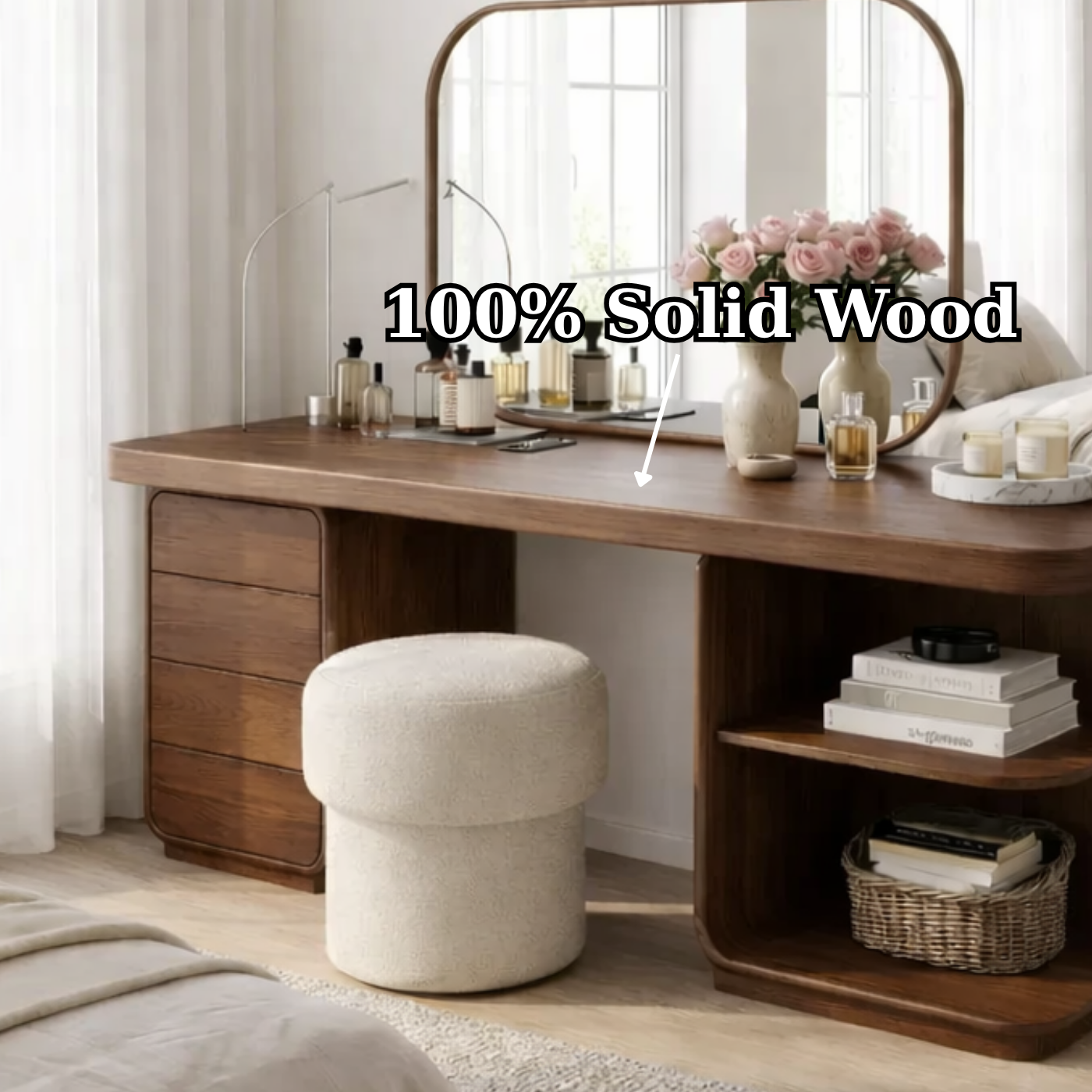 Solid Wood Makeup Vanity Desk with Side Open Shelves and Storage Drawers