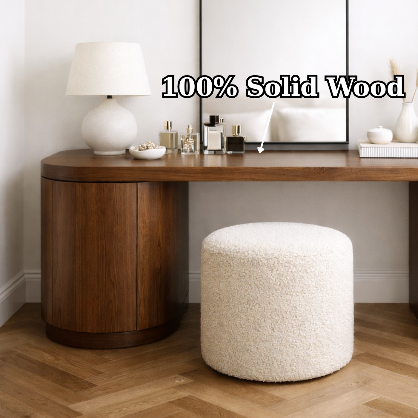 Solid Wood Makeup Vanity Desk with Curved Side Cabinet and Rounded Leg