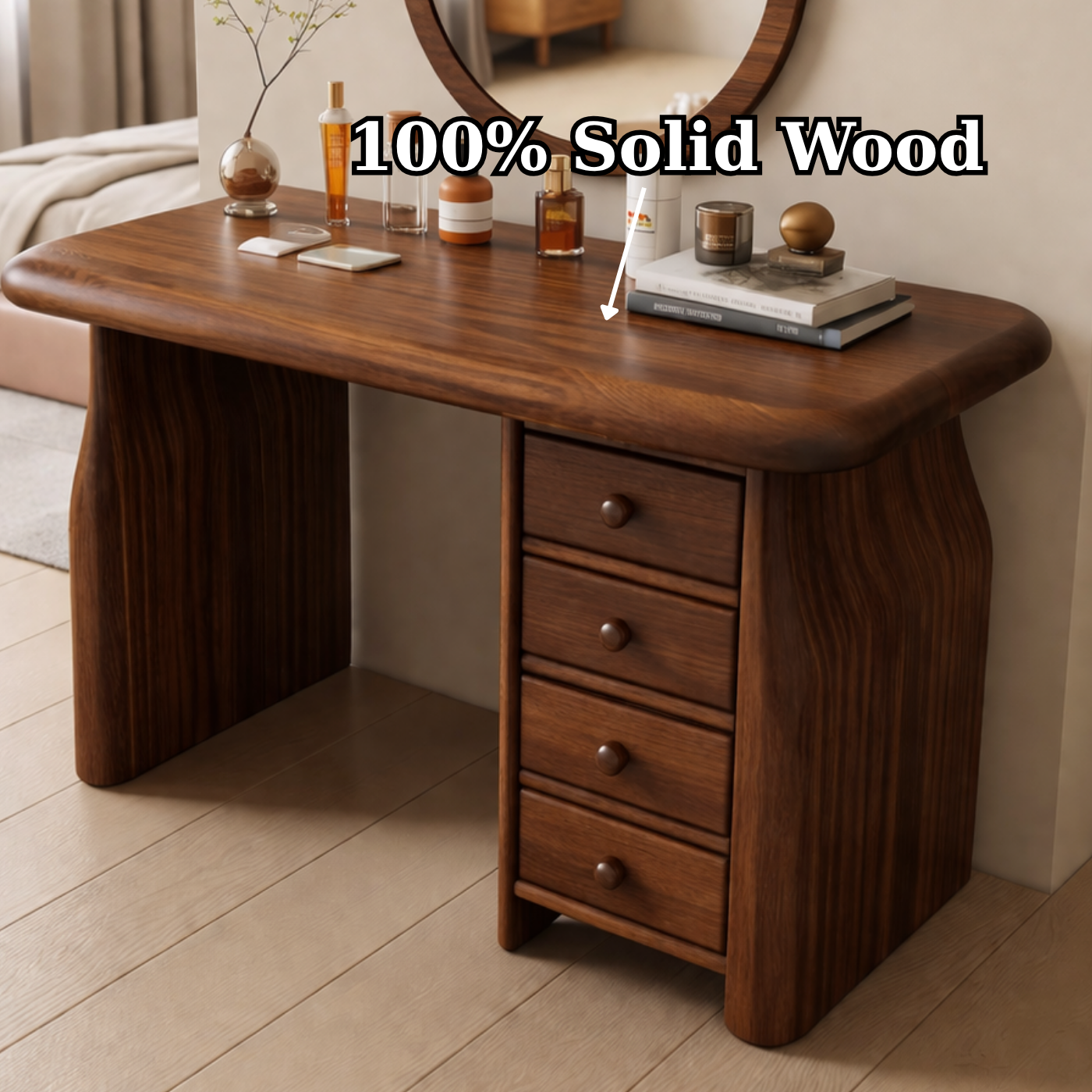 Solid Wood Makeup Vanity Desk with 4 Drawers, Curved Sculptural Wooden Dressing Table