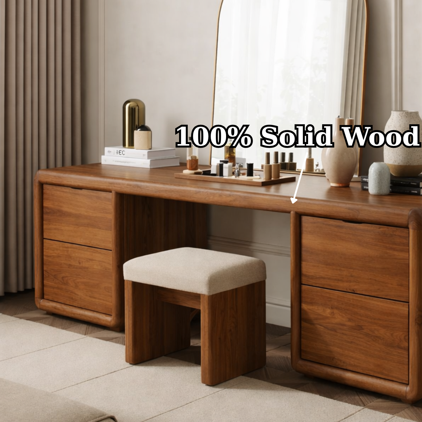 Solid Wood Makeup Vanity Desk with 4 Drawers, Rounded Waterfall Wooden Dressing Table