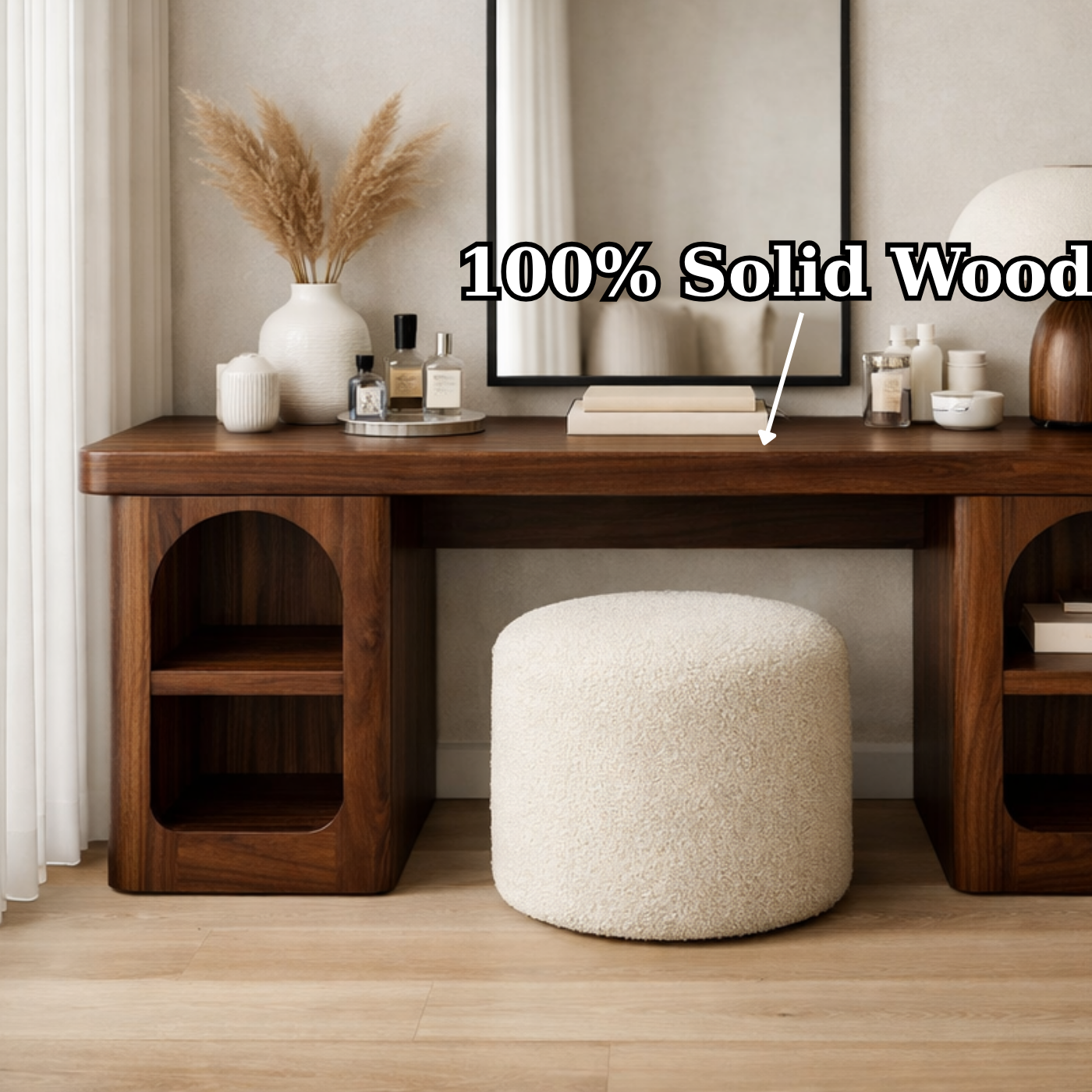 Solid Wood Makeup Vanity Desk with Open Shelves – Modern Vanity Table