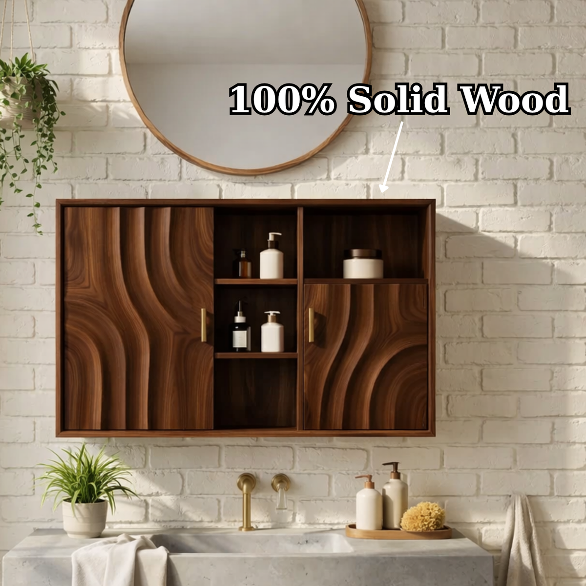 Solid Wood Floating Bathroom Cabinet with Wave Doors & Open Shelving