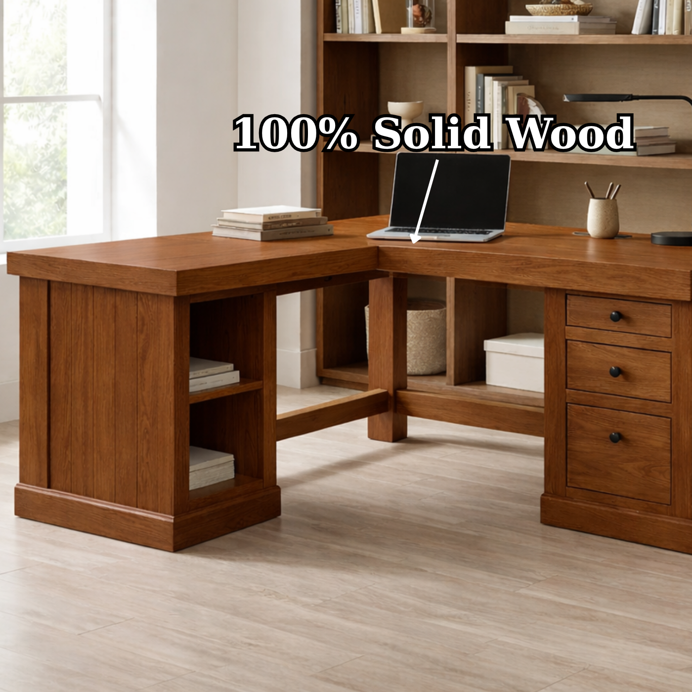Solid Wood L Shaped Office Desk with 3 Drawers and Open Side Shelves, Modern Wooden Corner Desk