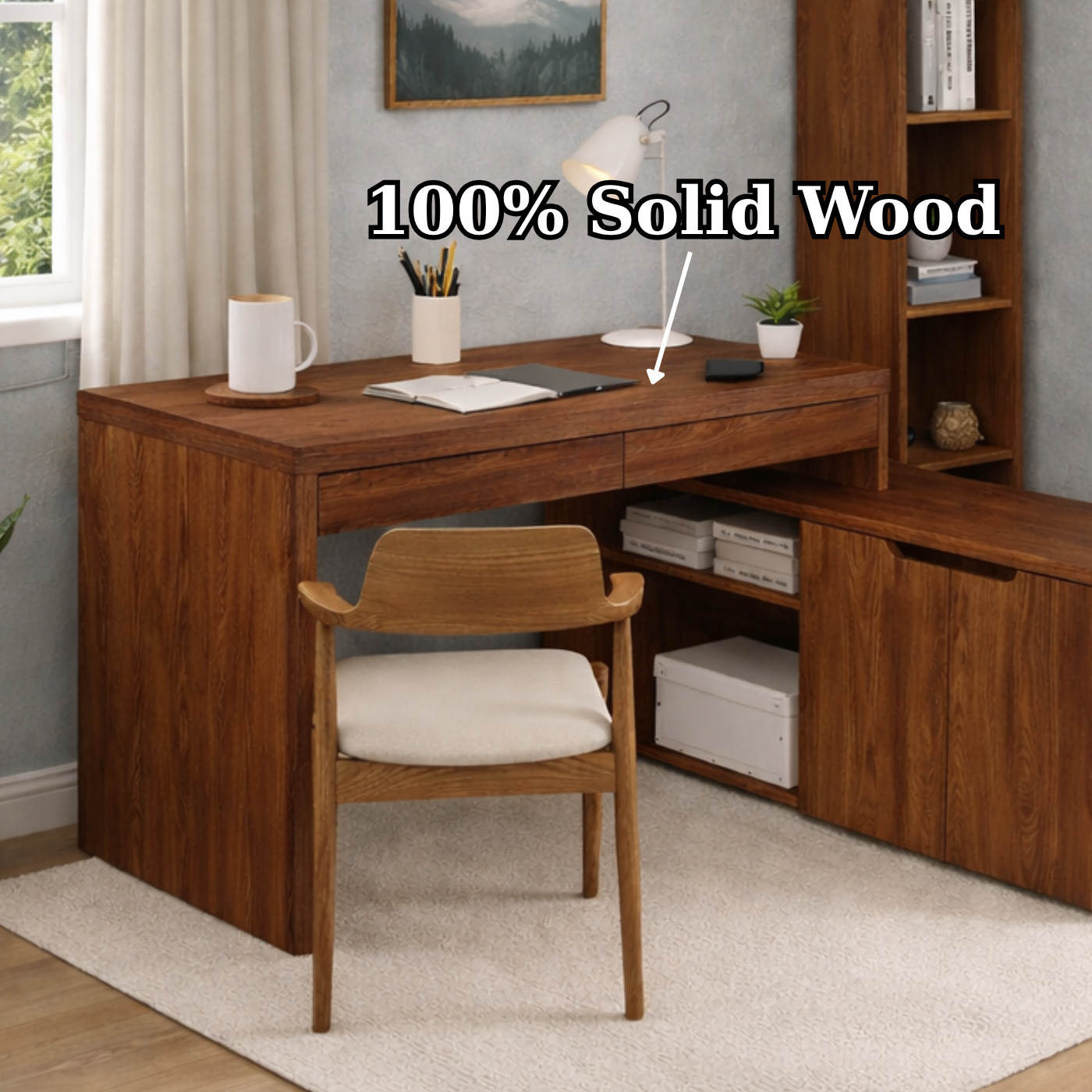 Solid Wood L-Shaped Desk with Bookshelf & Storage Cabinet – Modern Home Office Desk