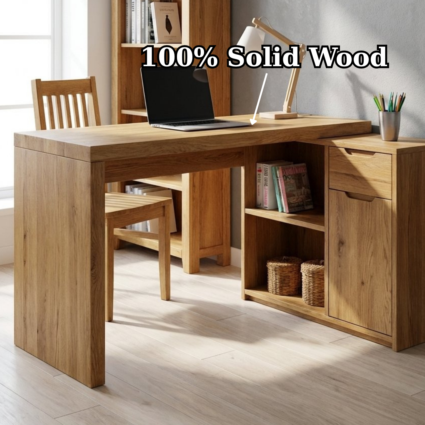 Solid Wood Desk with Storage Cabinet & Shelves – Modern Home Office Table