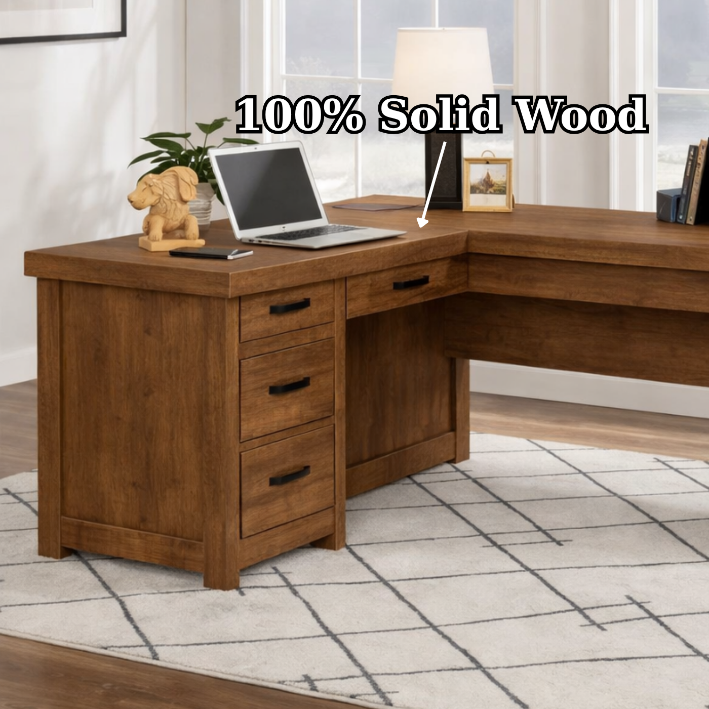 Solid Wood L Shaped Executive Office Desk with 4 Drawers and Corner Work Surface