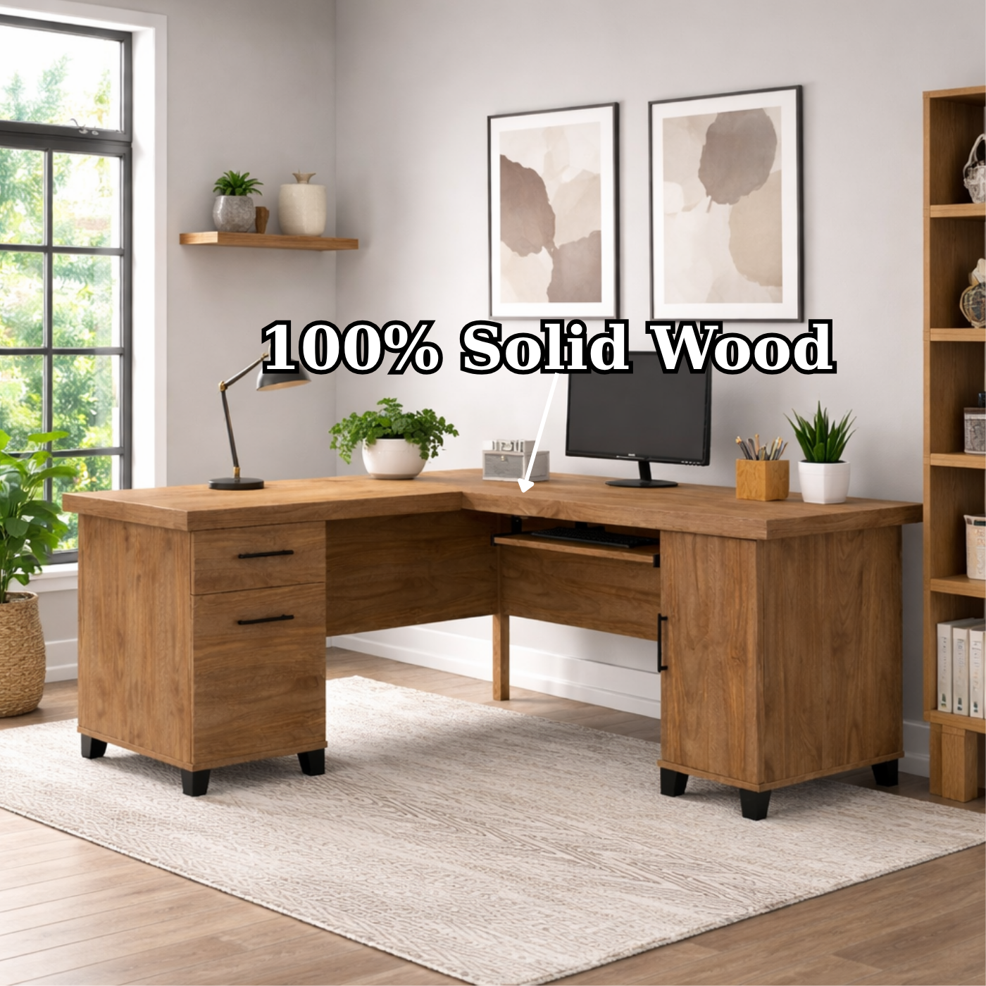 Solid Wood L Shaped Office Desk with 2 Drawers, Storage Cabinet and Keyboard Tray