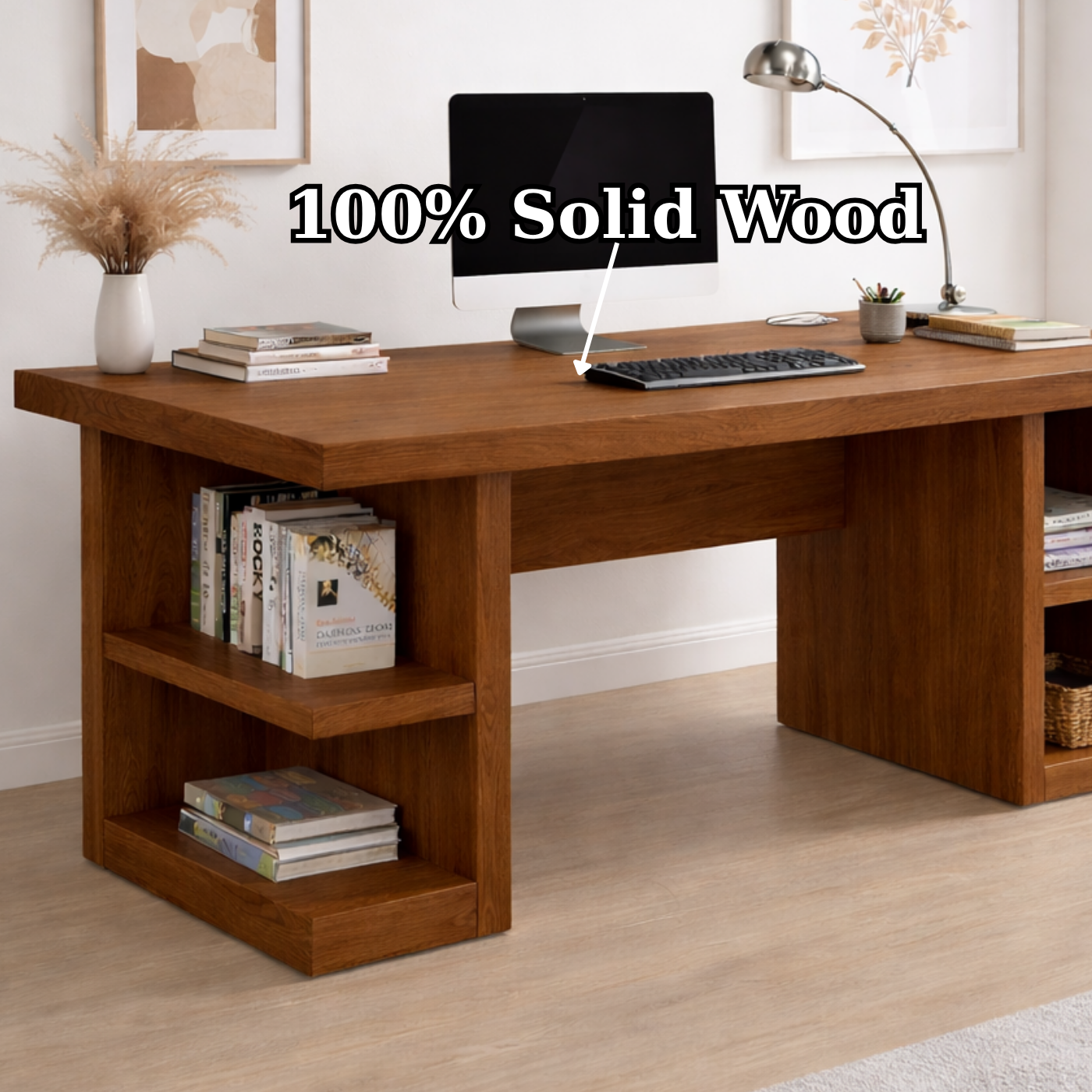 Solid Wood Office Desk with Open Shelves – Modern Minimalist Work Desk