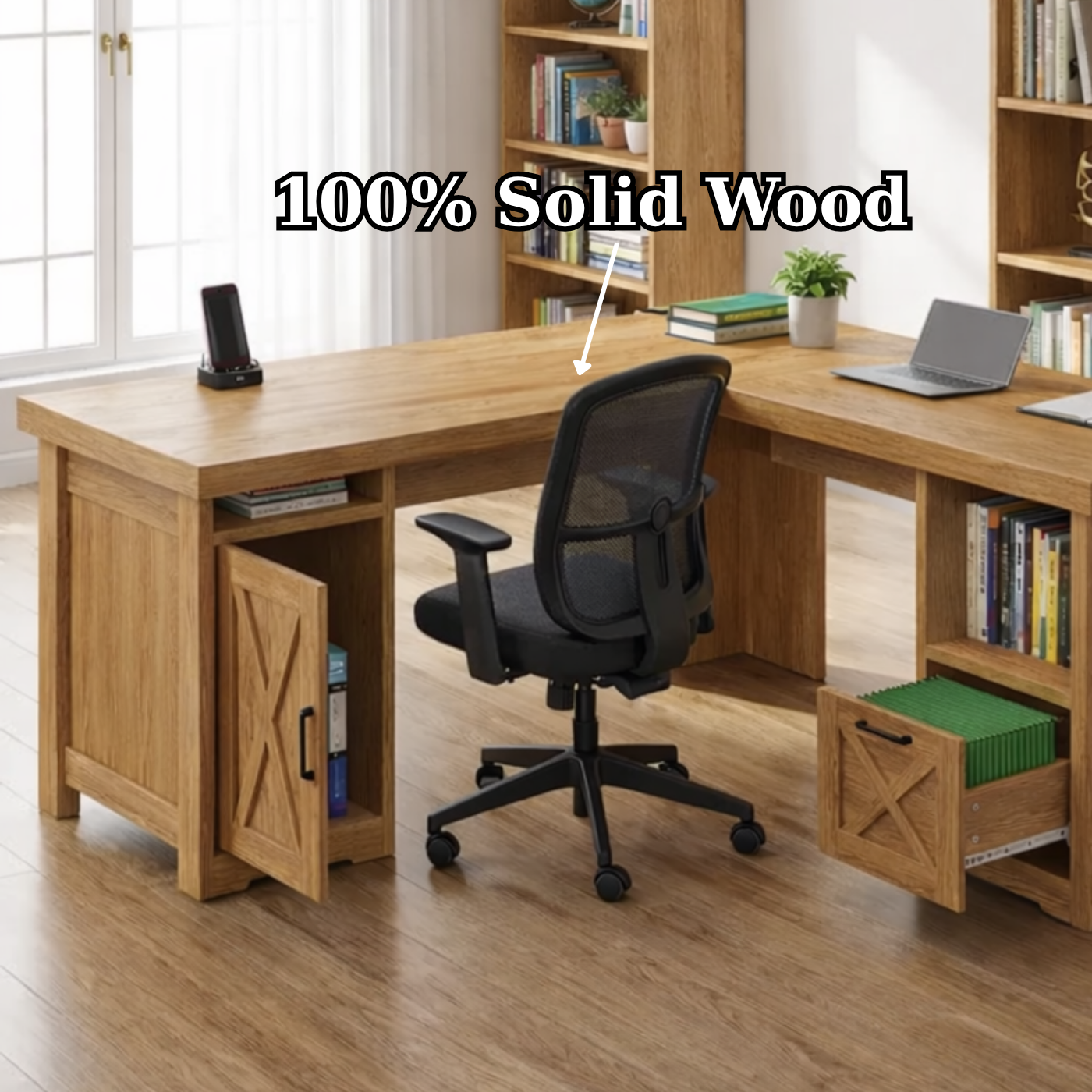 Solid Wood L Shaped Office Desk with Storage Cabinets and Shelves, Modern Wooden Executive Study Desk