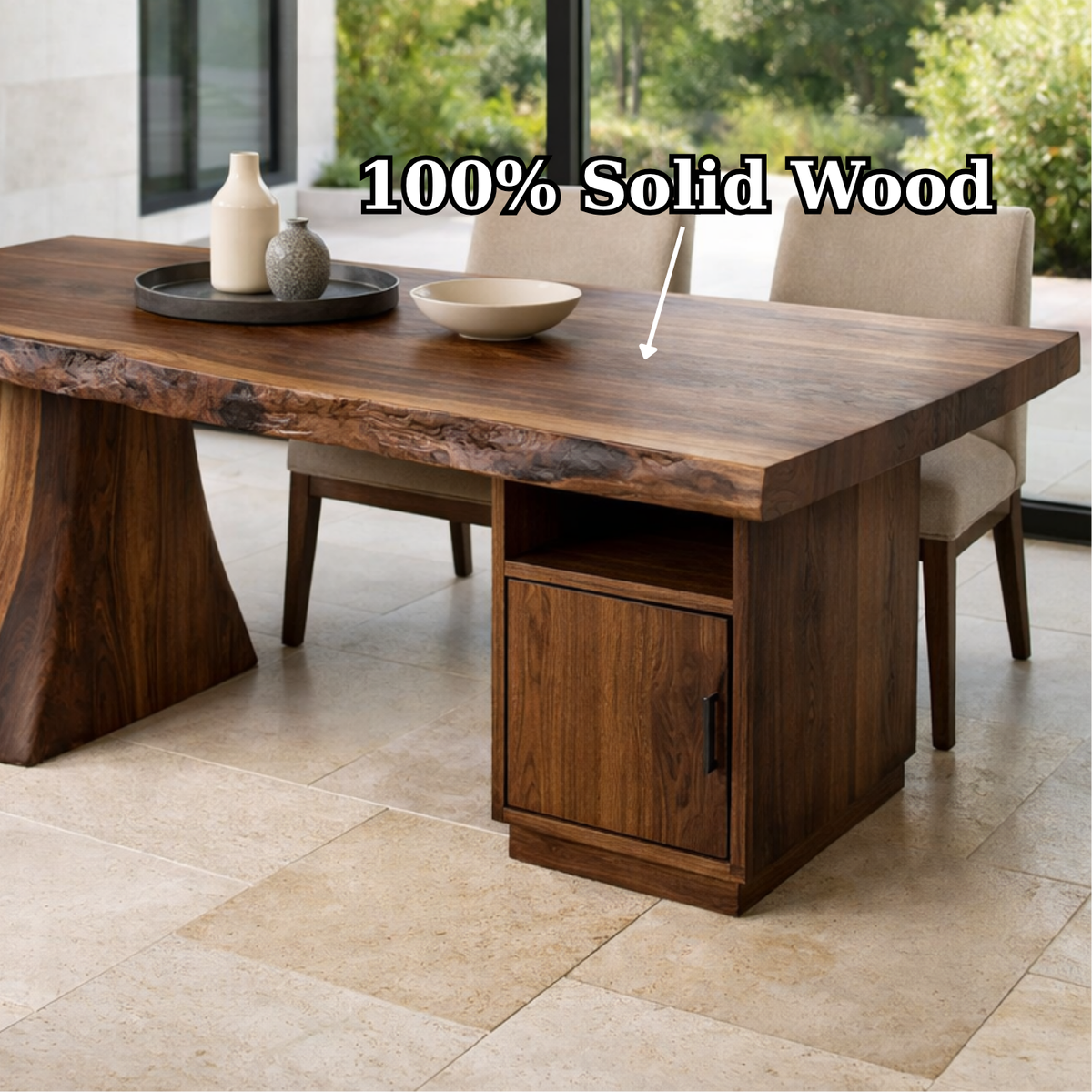 Solid Wood Live Edge Dining Table with Storage Cabinet and Sculptural Base