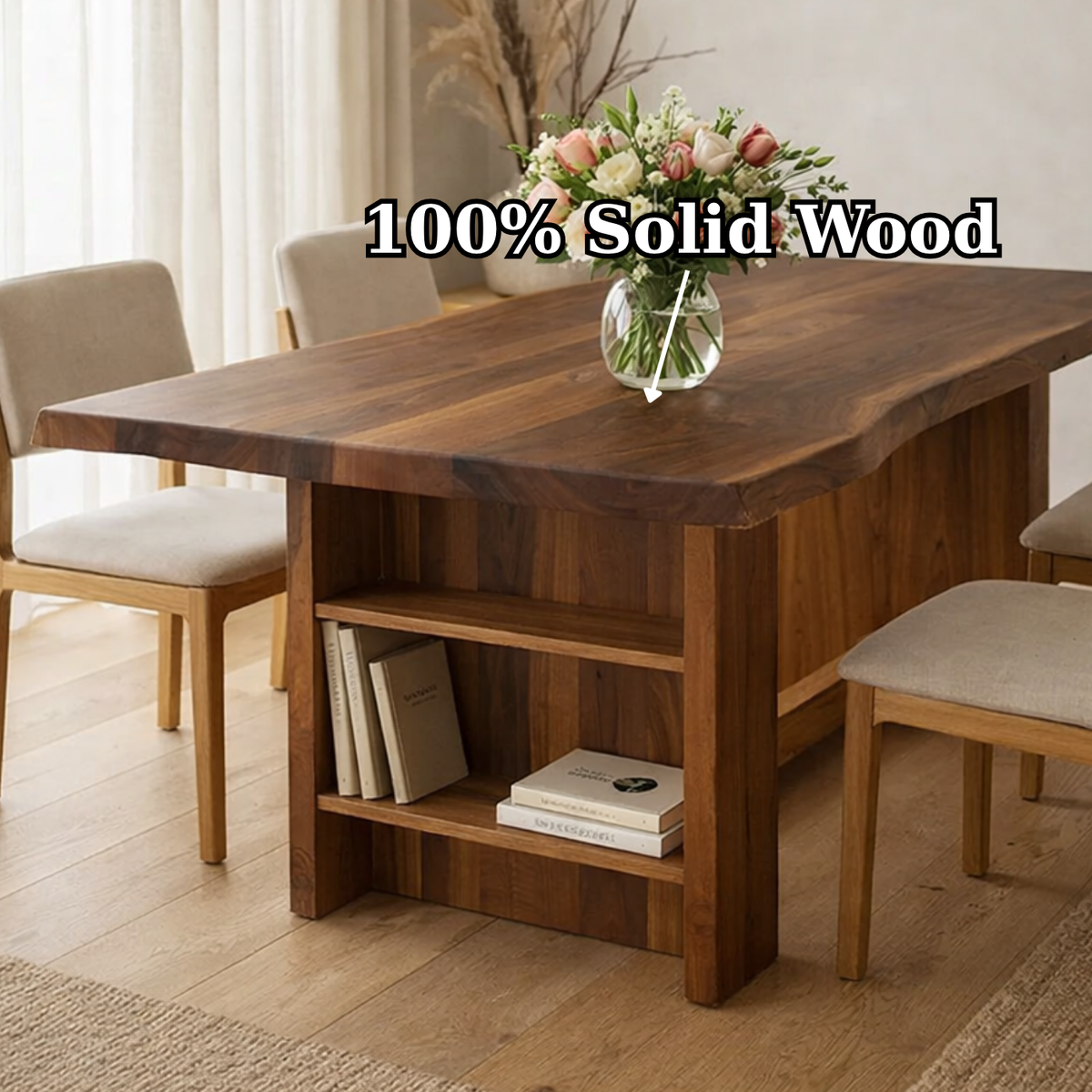 Solid Wood Live Edge Dining Table with Built-In Shelf Storage