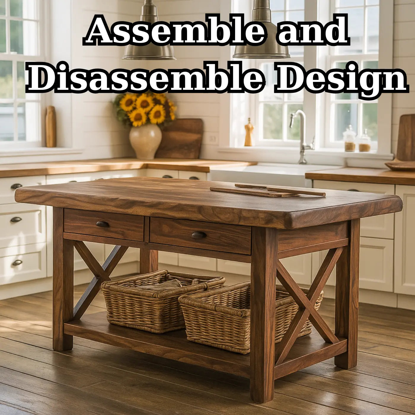Handcrafted Solid Wood Kitchen Island - X-Base Design & Dark Finish Kitchnce