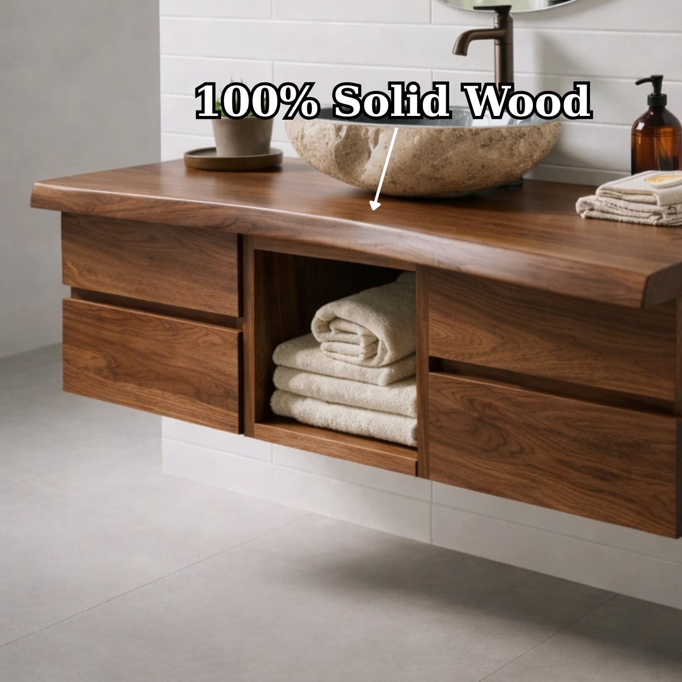 Floating Solid Wood Bathroom Vanity with Drawers and Open Shelf – Modern Minimalist Wall Mounted Cabinet