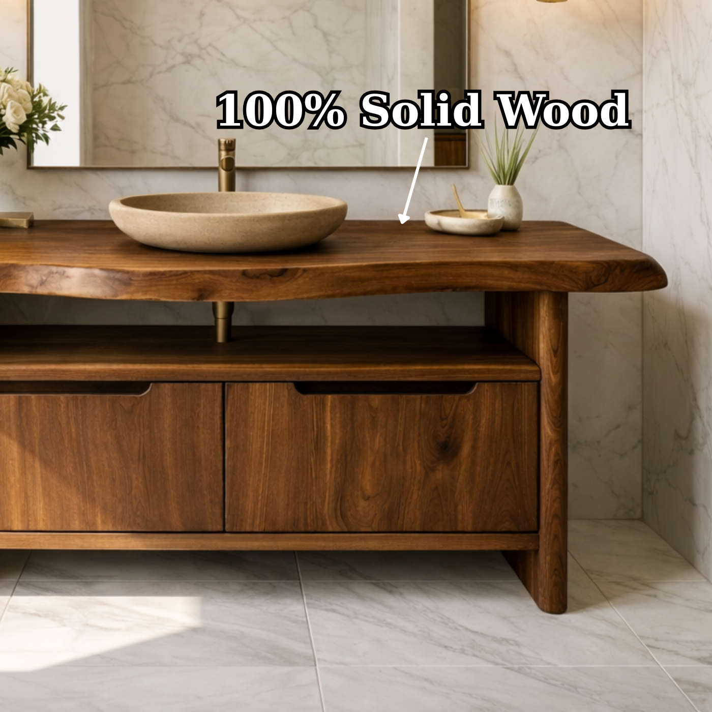 Live Edge Solid Wood Bathroom Vanity with Dual Drawers and Open Shelf for Contemporary Bathrooms