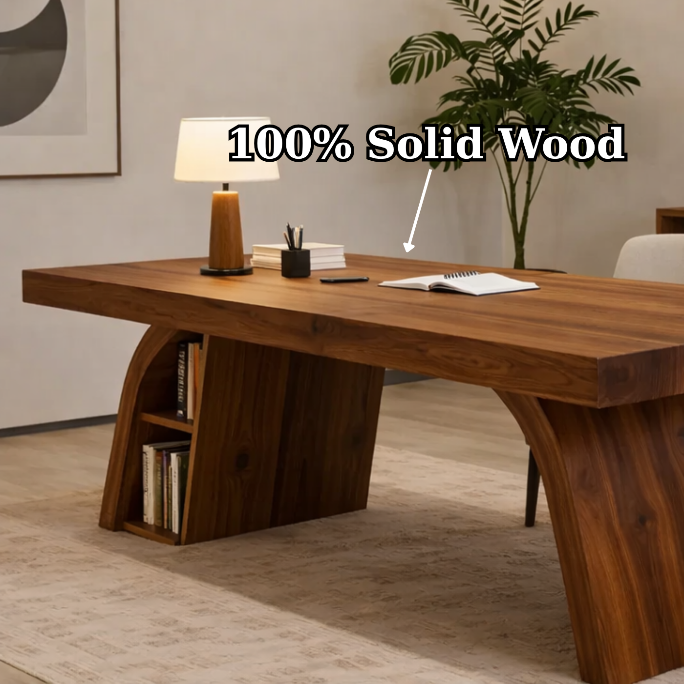 Solid Wood Desk with Thick Slab Top and Integrated Shelf Storage