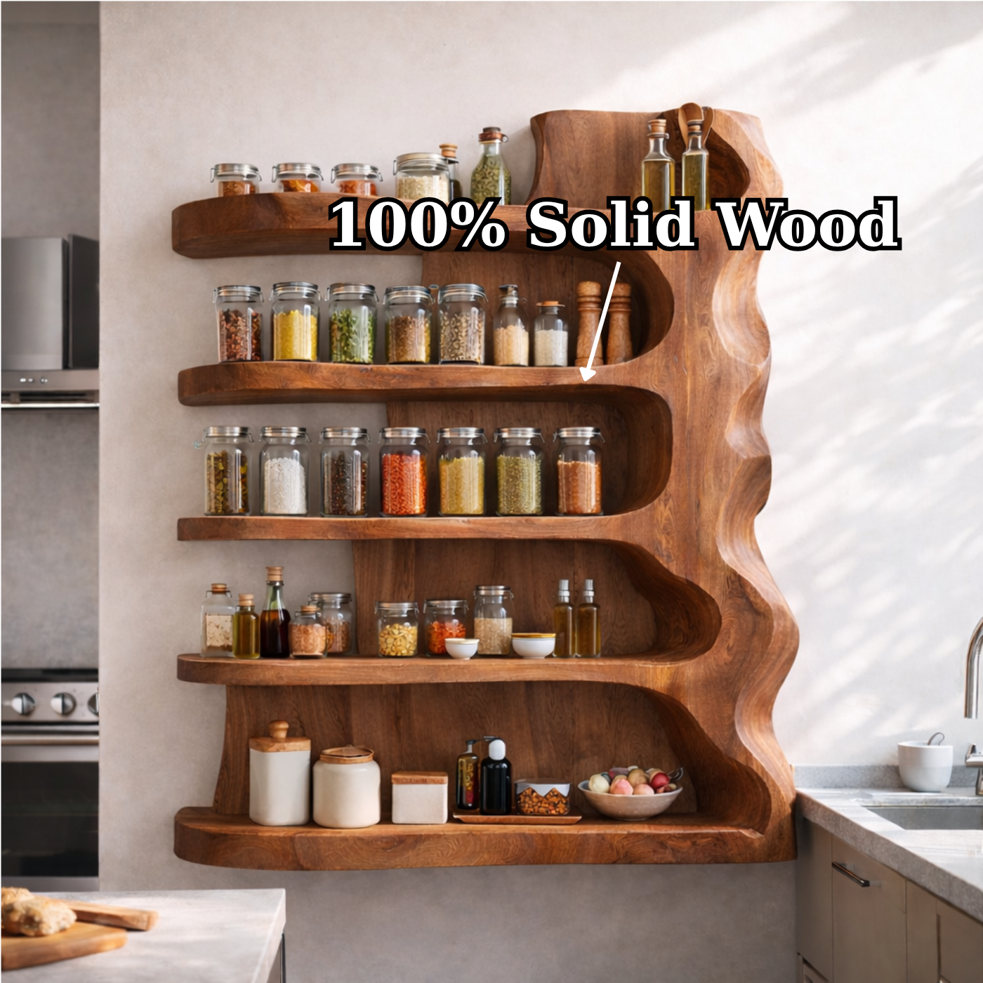 Solid Wood Kitchen Cabinet Shelf – Sculptural Floating Spice Storage Unit