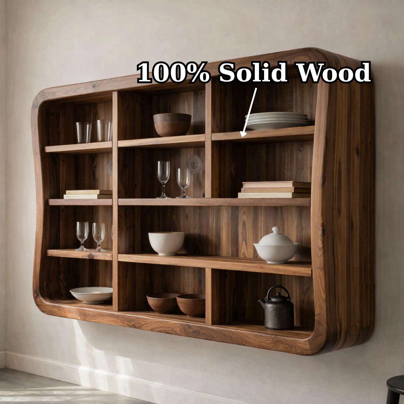 Solid Wood Kitchen Cabinet Shelf – Curved Floating Wall Storage Unit
