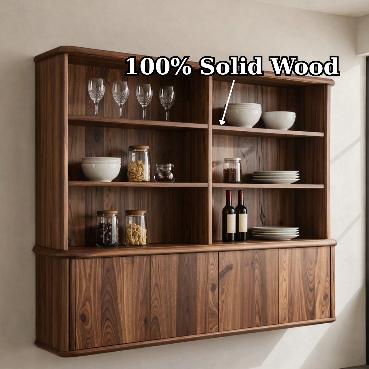 Solid Wood Kitchen Cabinet with Shelves – Wall Mounted Storage Display Unit