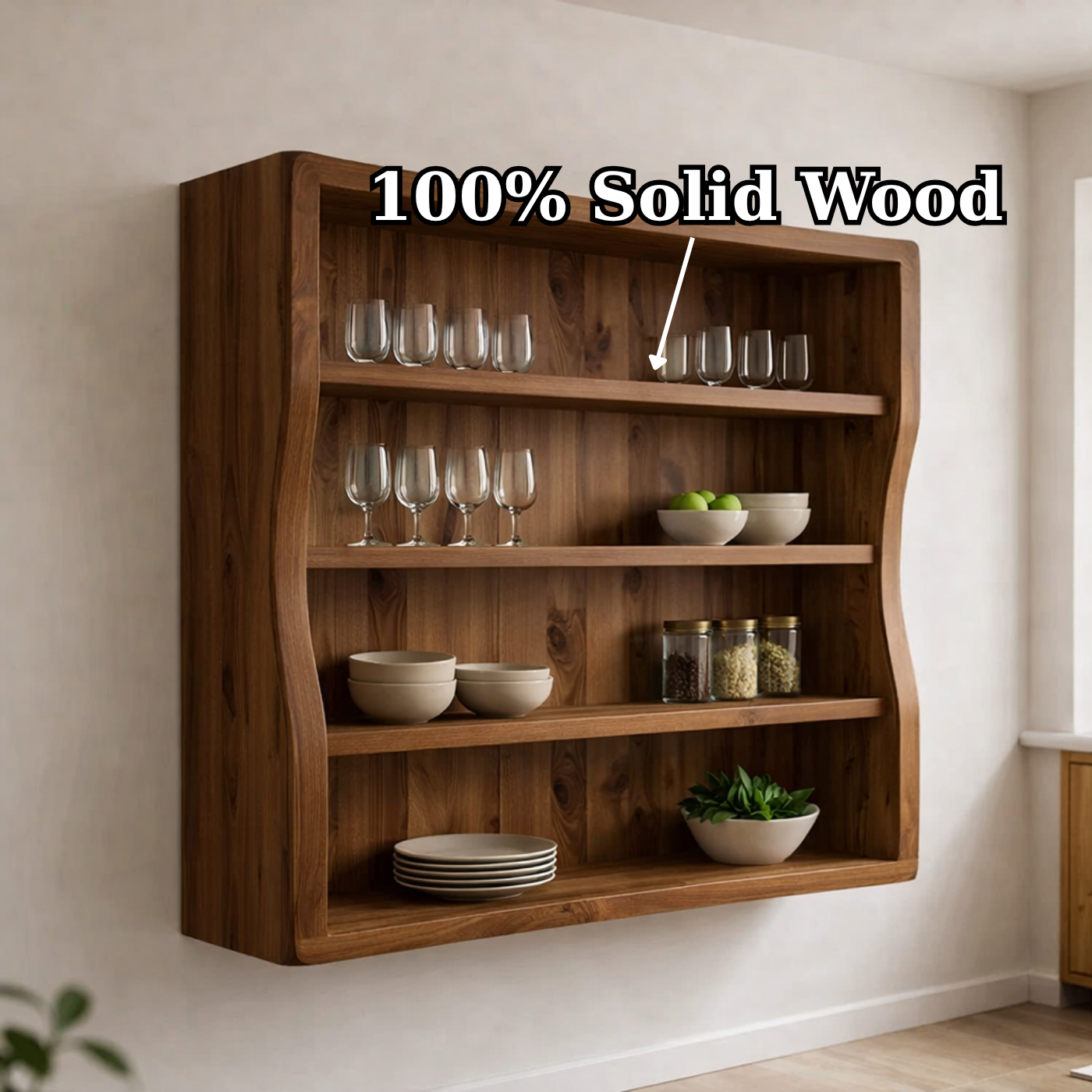 Solid Wood Kitchen Cabinet Shelf – Curved Wall Mounted Storage Cabinet