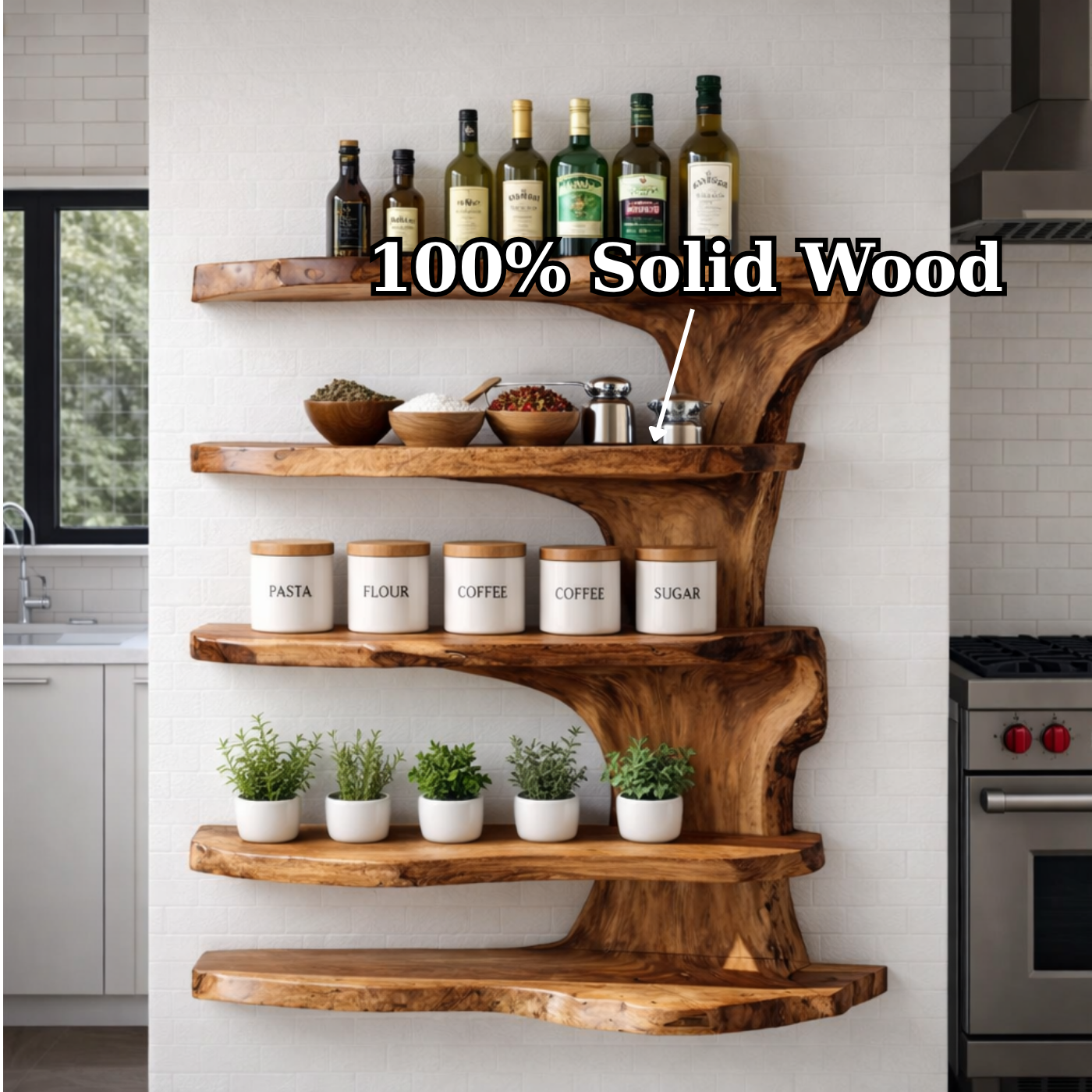 Solid Wood Live Edge Kitchen Cabinet Shelf – Organic Floating Wall Storage
