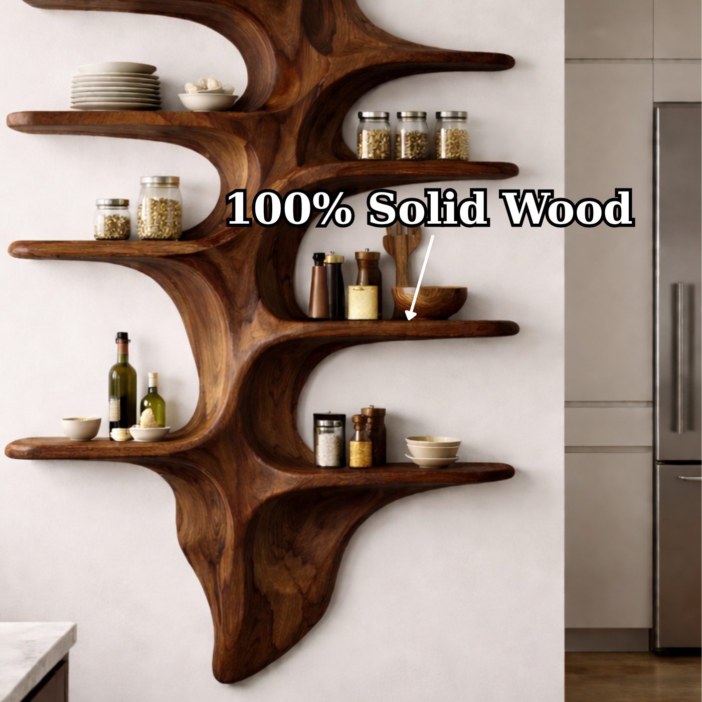 Sculptural Solid Wood Wall Shelf Kitchen Cabinet – Organic Live Edge Floating Storage