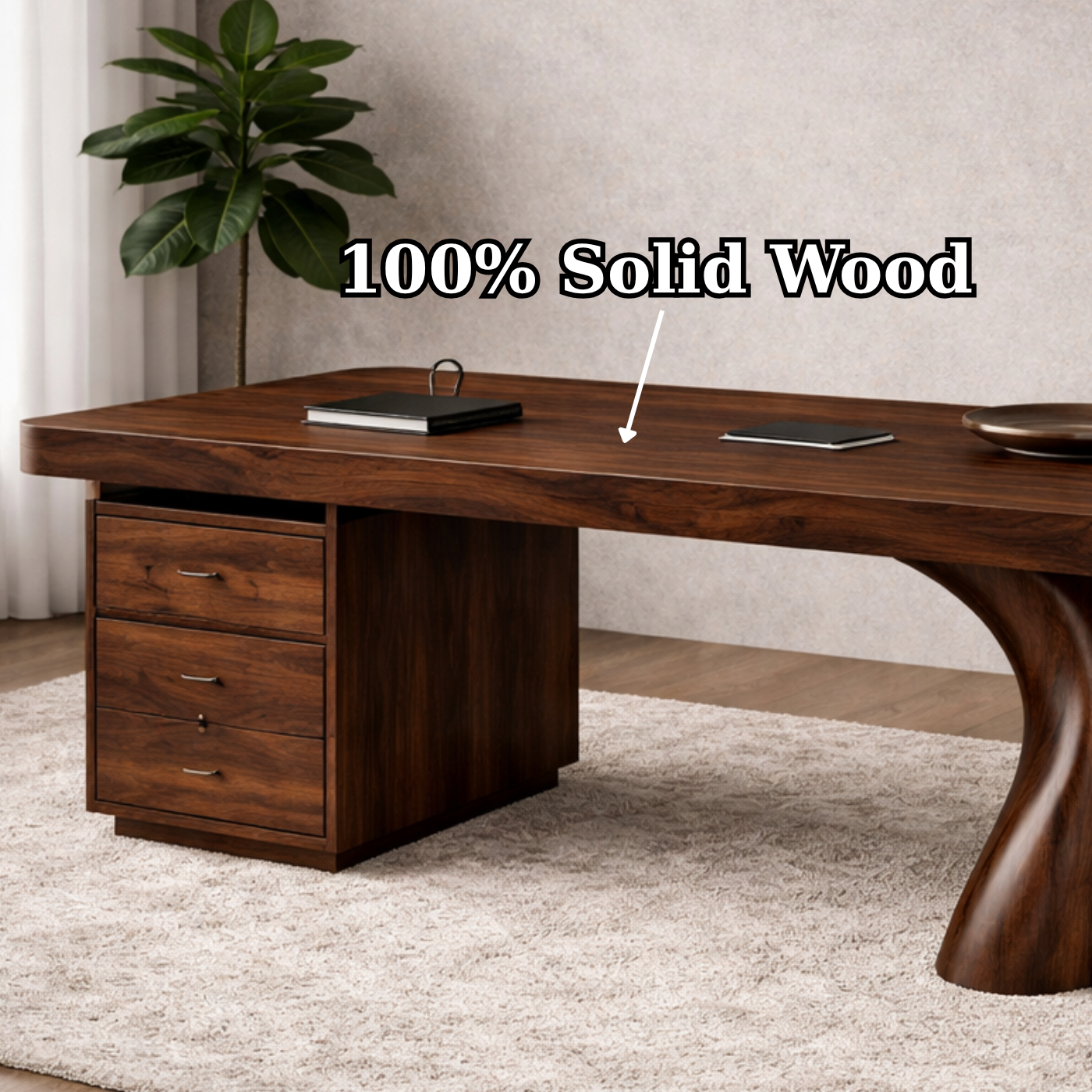 Solid Wood Executive Desk with Sculptural Leg & Drawer Storage – Modern Rustic Office Table