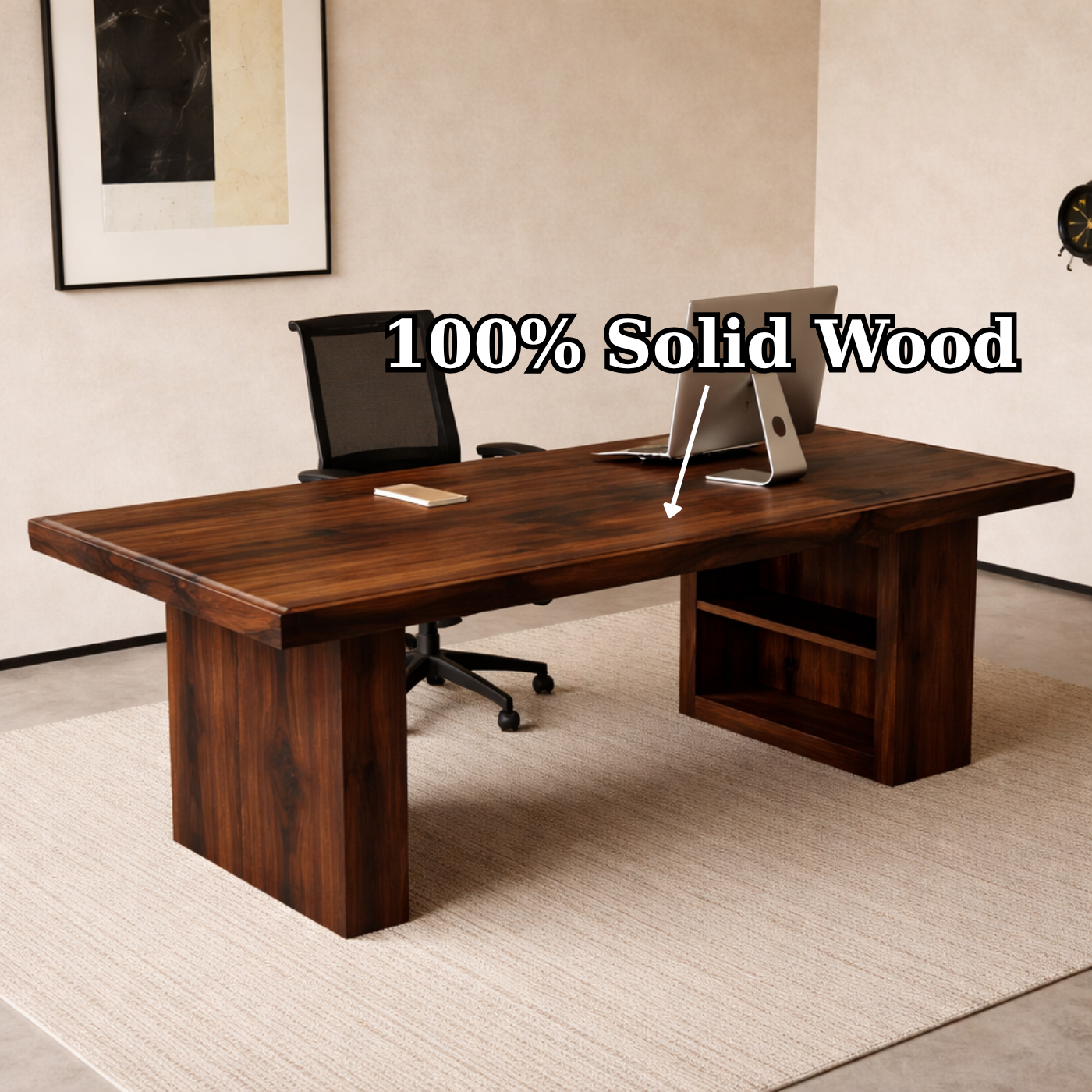 Solid Walnut Desk with Storage Shelf – Modern Minimalist Executive Office Table