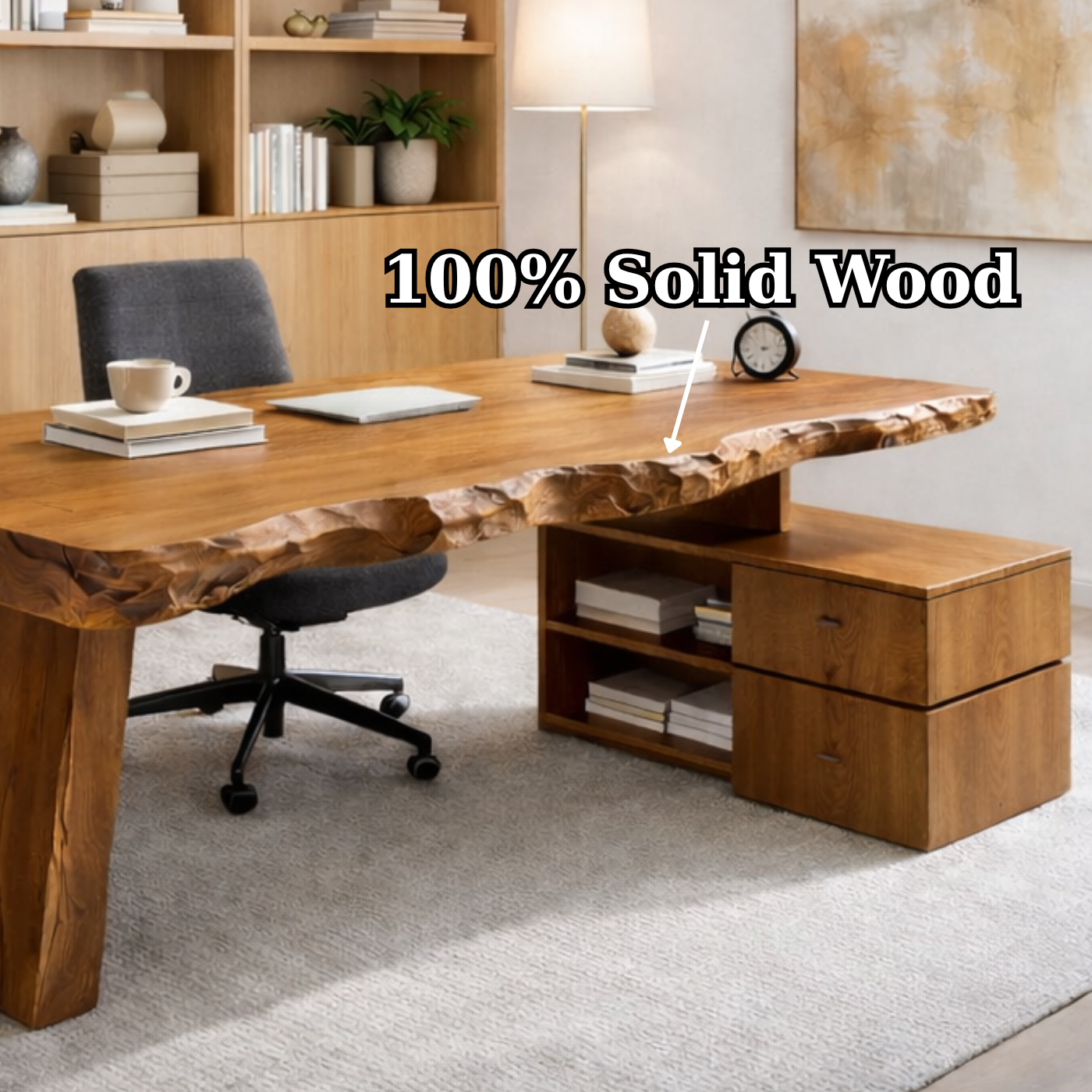Solid Wood Live Edge Desk with Storage Cabinet – Rustic Modern Executive Office Desk