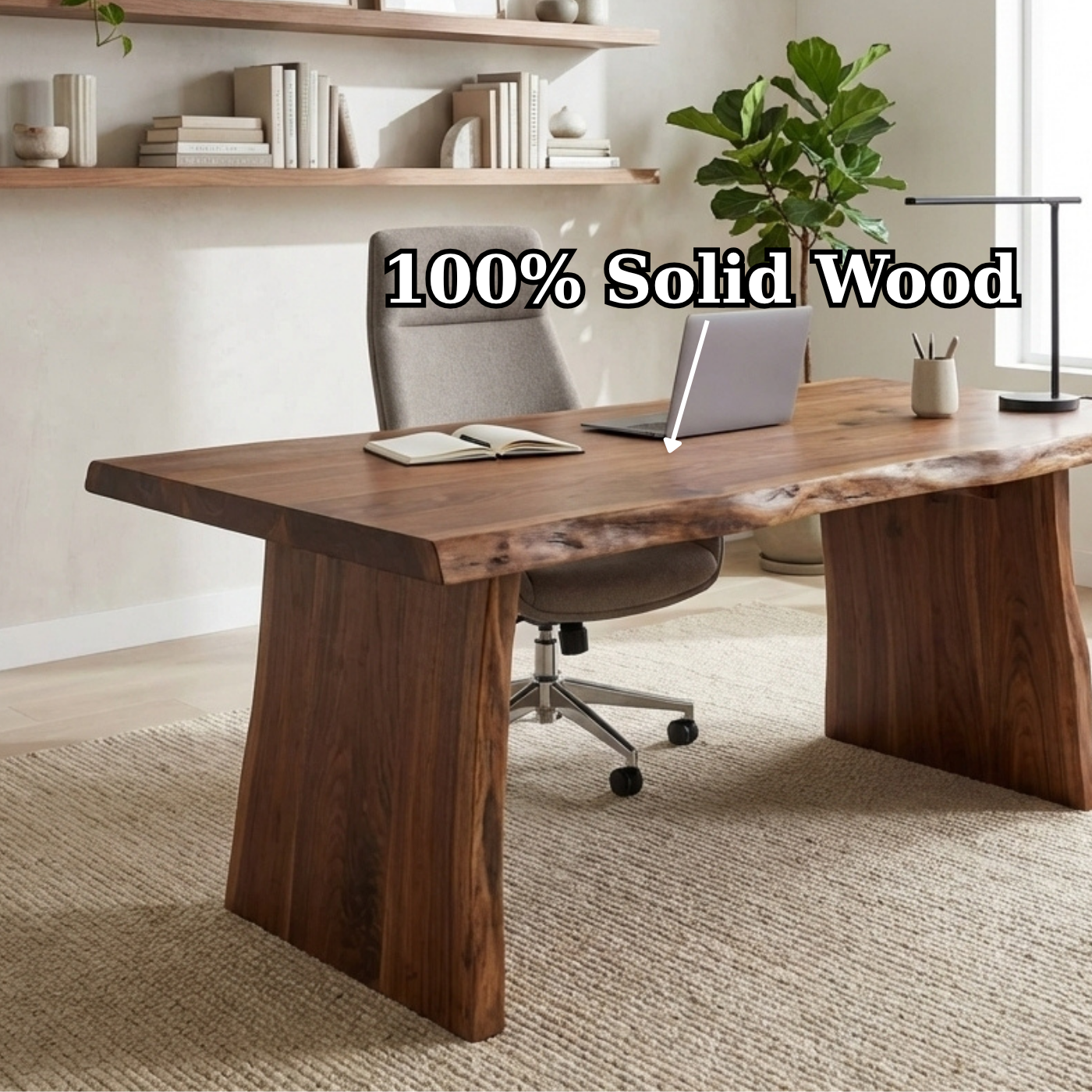 Solid Wood Live Edge Desk – Modern Minimalist Office Table with Sculptural Base
