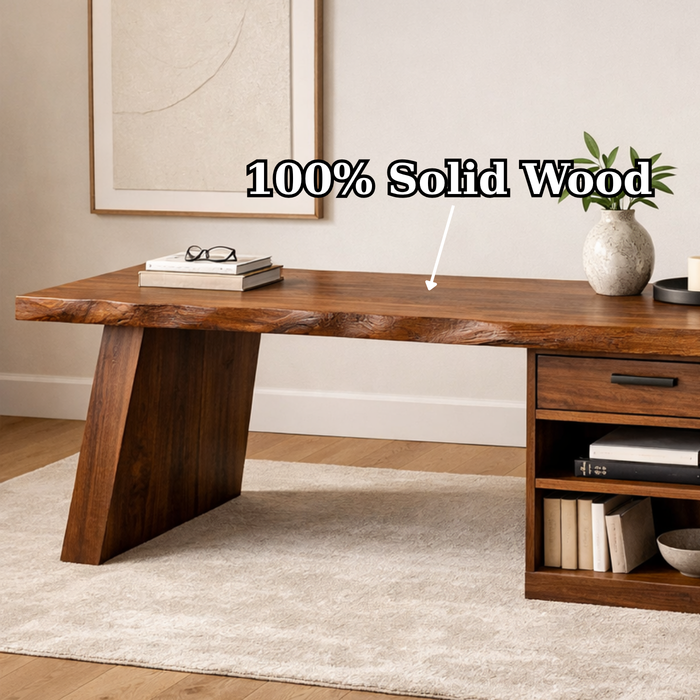 Solid Wood Desk with Drawer and Open Shelf Storage – Modern Rustic Design