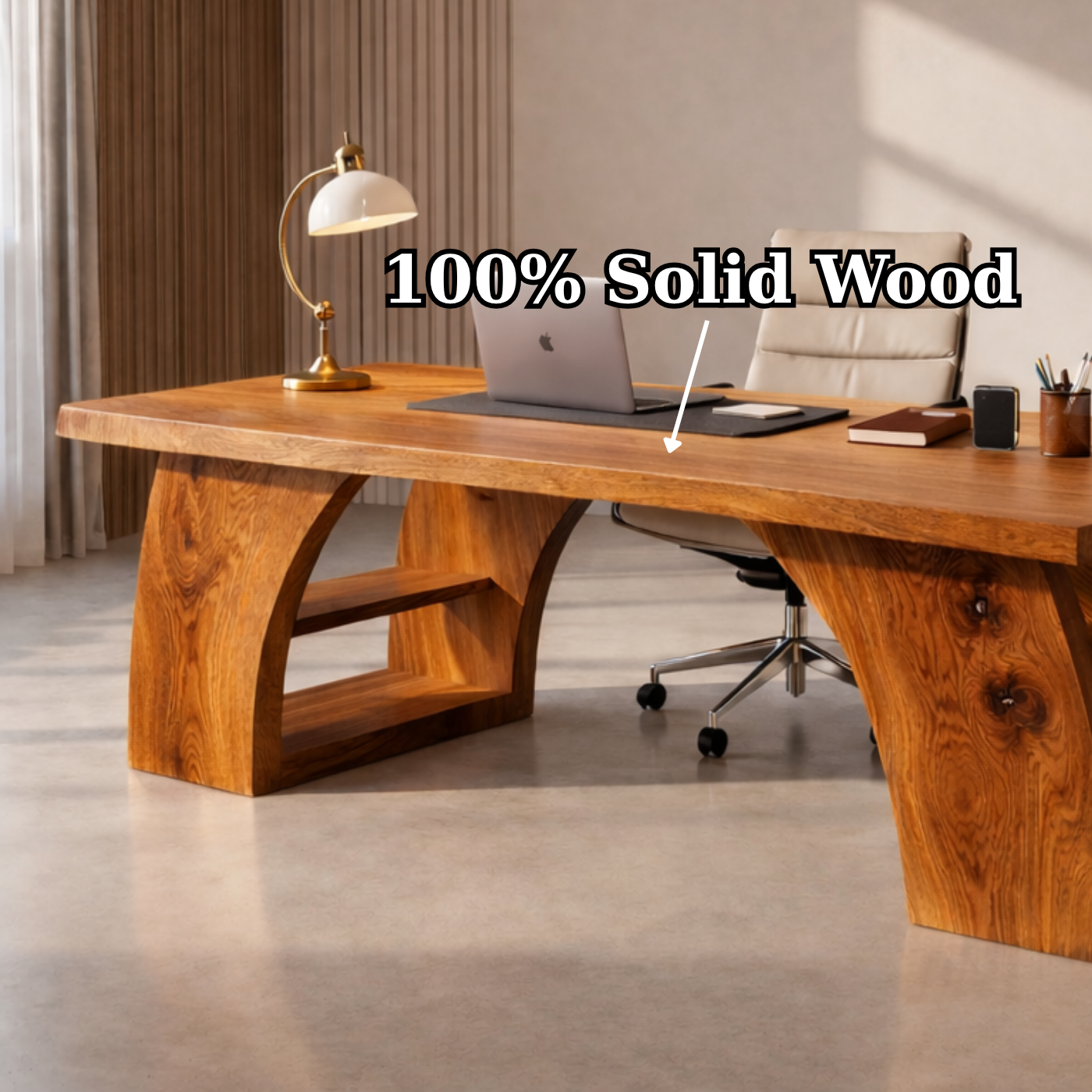 Solid Wood Executive Desk with Sculptural Base and Open Shelf Storage