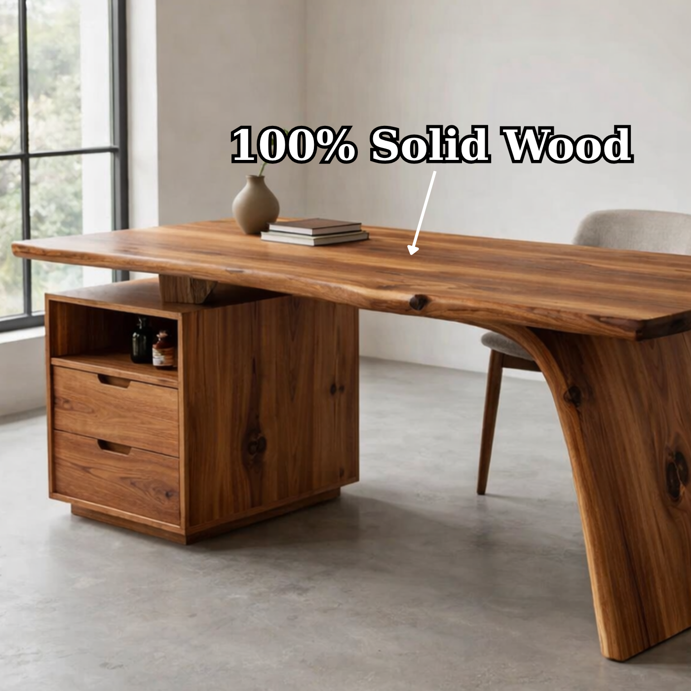 Solid Wood Desk with Live Edge Top and Integrated Drawer Storage