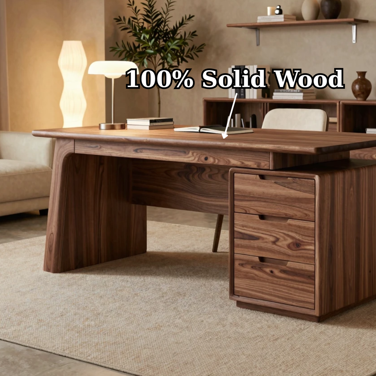 Solid Wood Executive Desk with Thick Slab Top and Drawer Storage