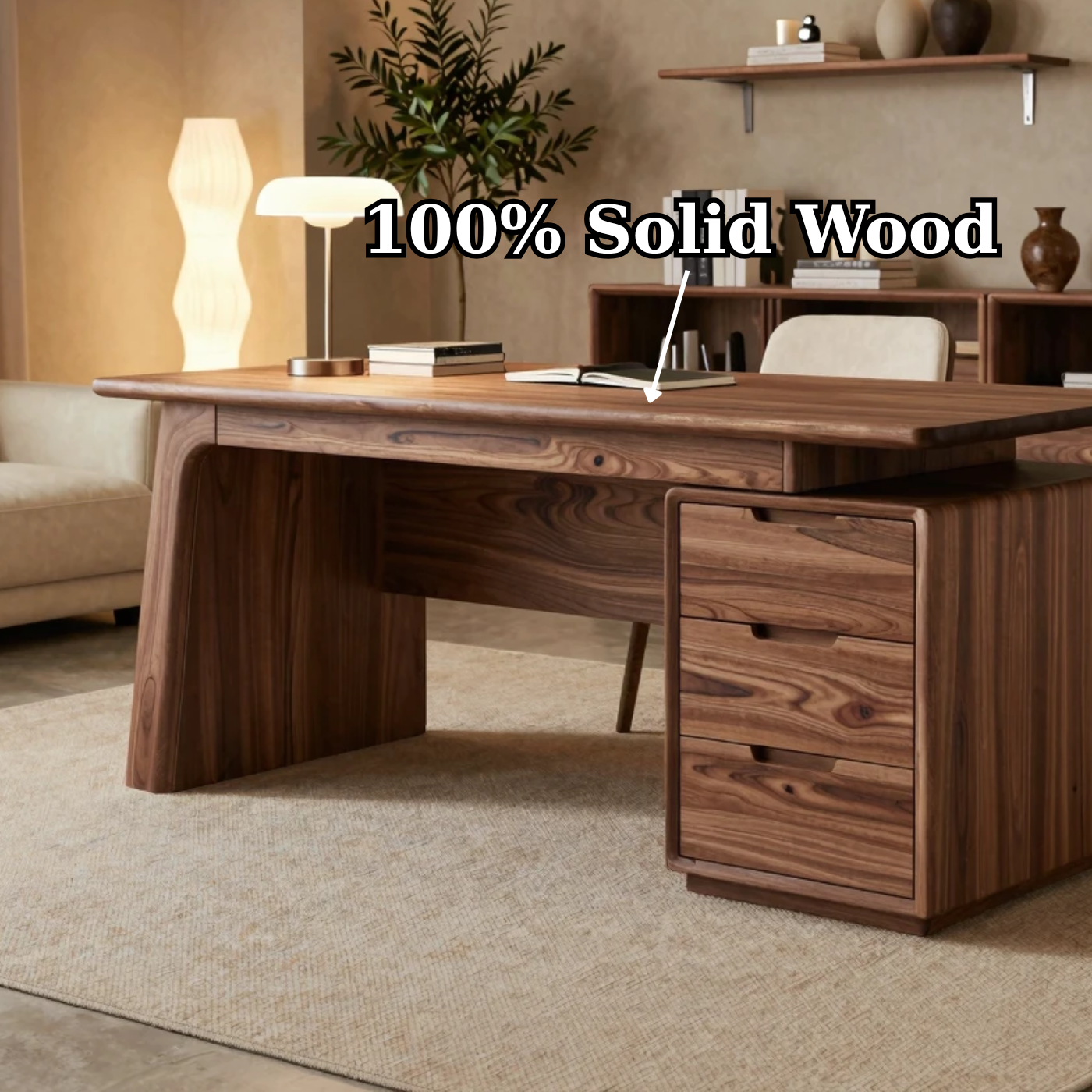 Solid Wood Executive Desk with Thick Slab Top and Drawer Storage