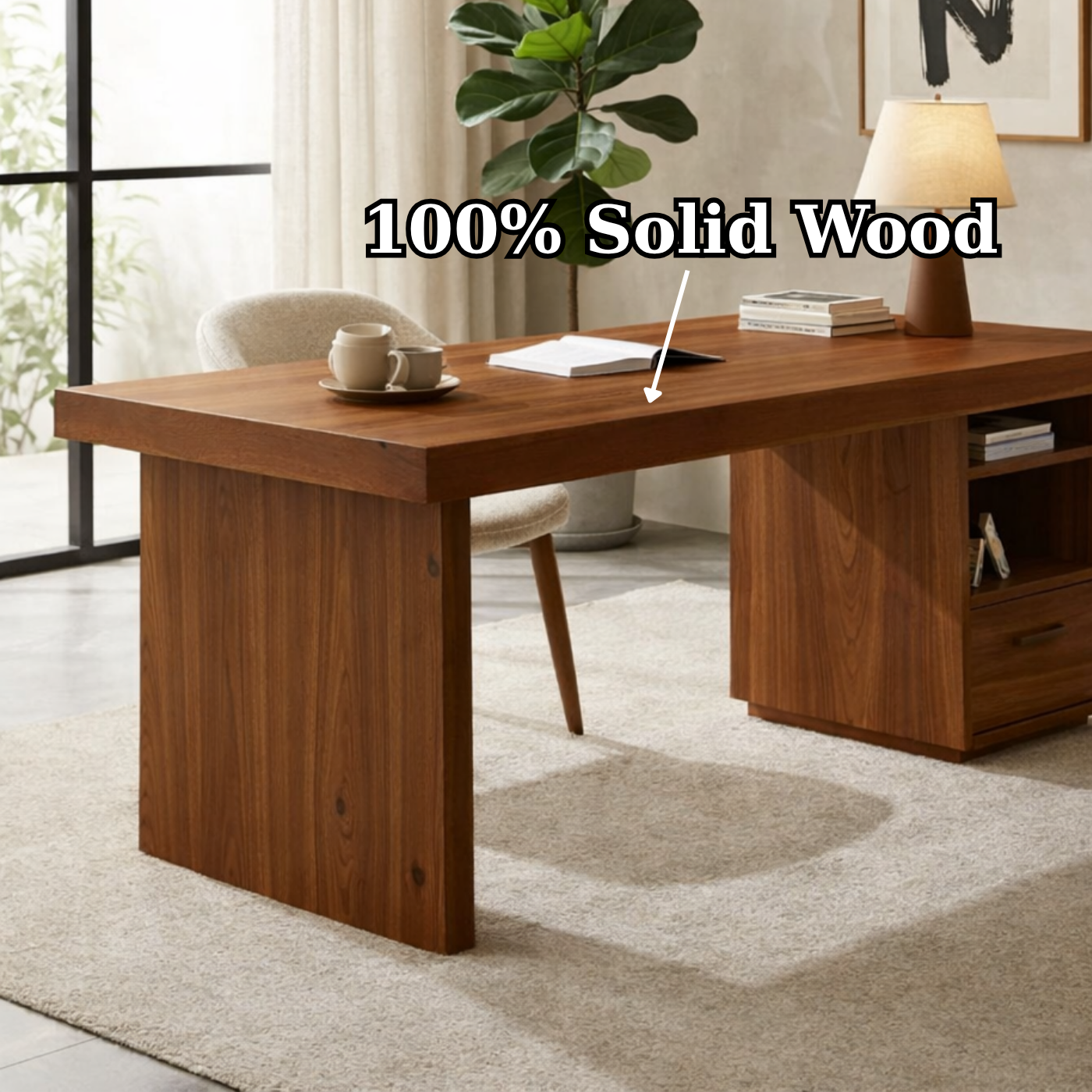 Solid Wood Desk with Thick Slab Top and Built-In Storage Cabinet