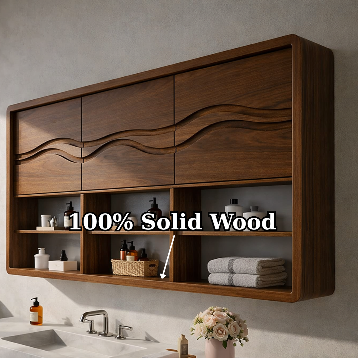 Solid Wood Bathroom Cabinet with Wave Carved Doors & Open Shelving Storage
