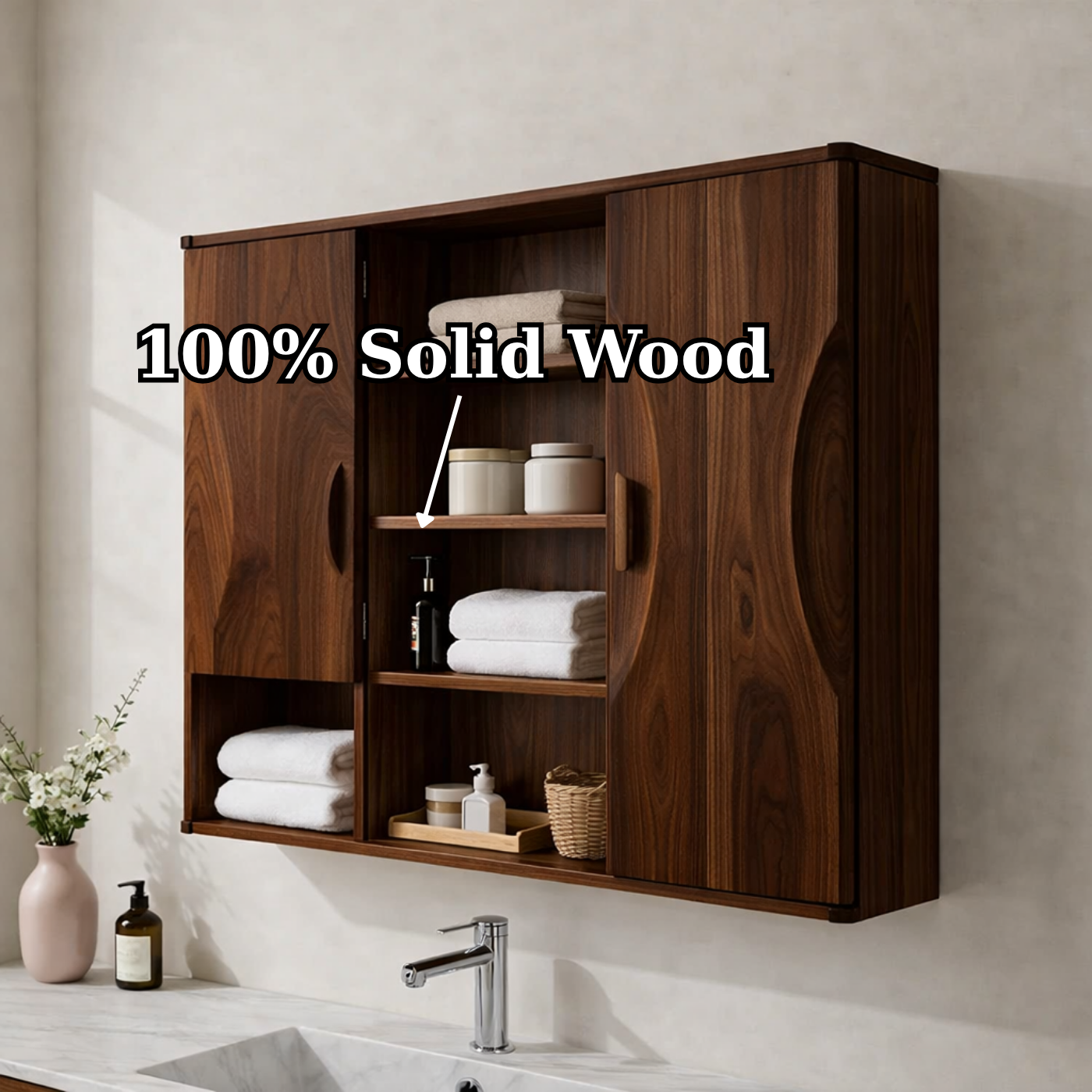 Solid Wood Floating Bathroom Cabinet with Double Doors & Open Shelves
