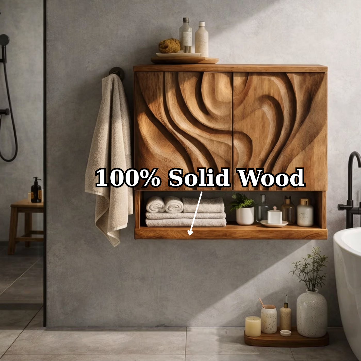 Solid Wood Floating Bathroom Vanity Cabinet with Sculptural Wave Doors