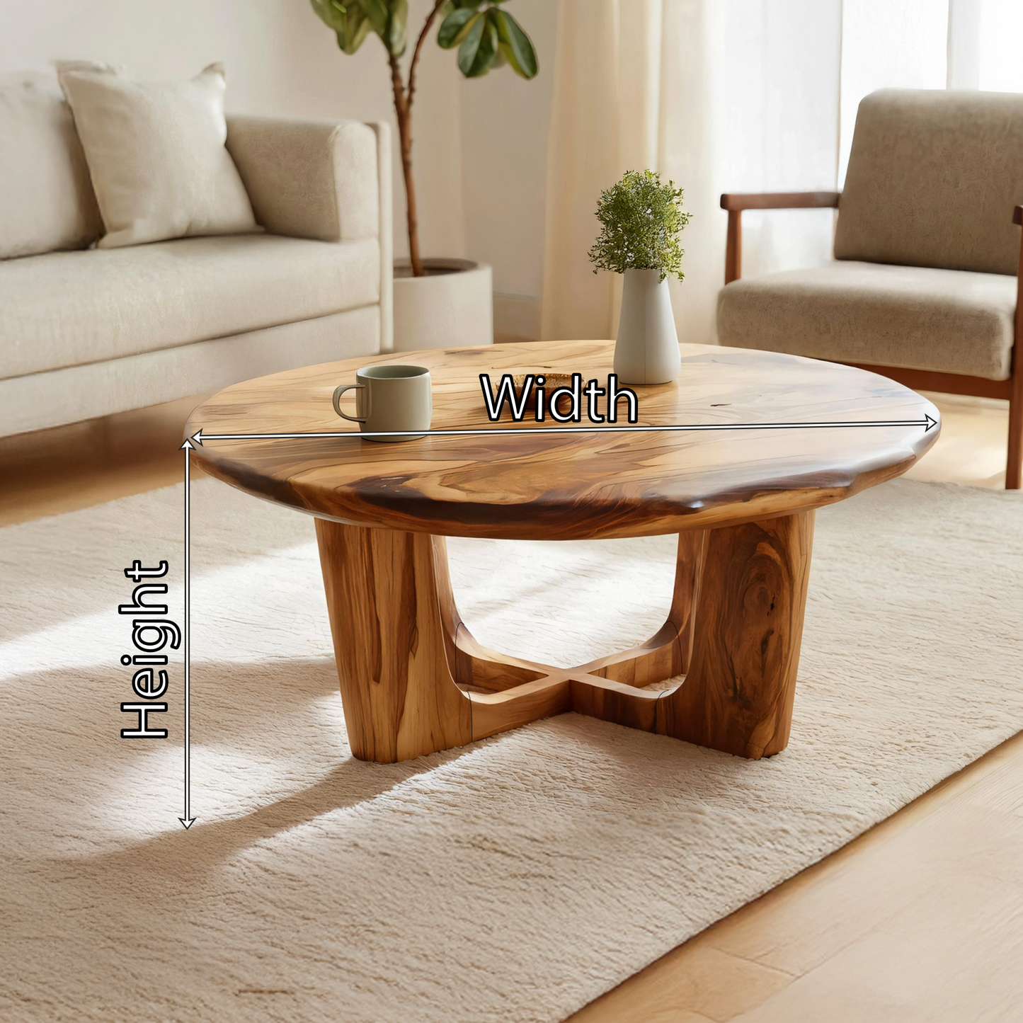 Round Live Edge Coffee Table with Open Cross Base Design