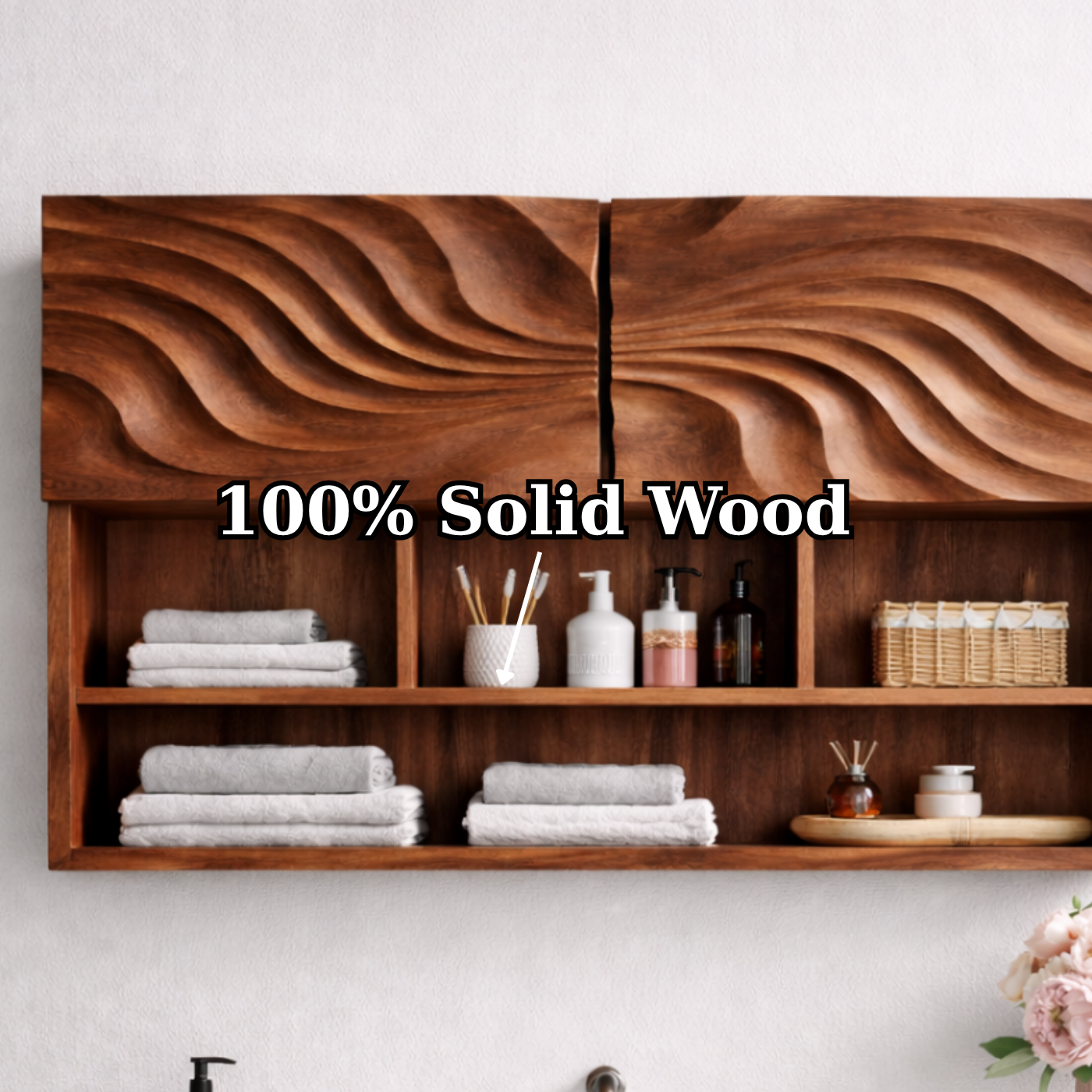 Solid Wood Floating Bathroom Shelf Cabinet with Wave Carved Doors