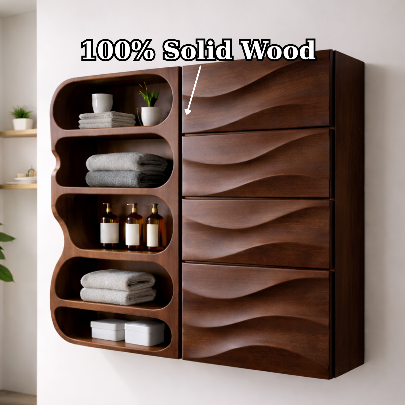 Solid Wood Floating Bathroom Cabinet with Wave Drawers & Open Shelves
