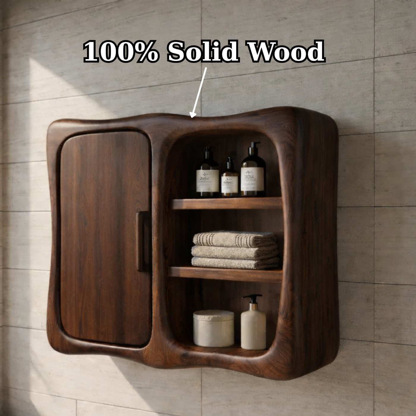 Solid Wood Wall Mounted Bathroom Cabinet – Curved Storage Cabinet with Open Shelf