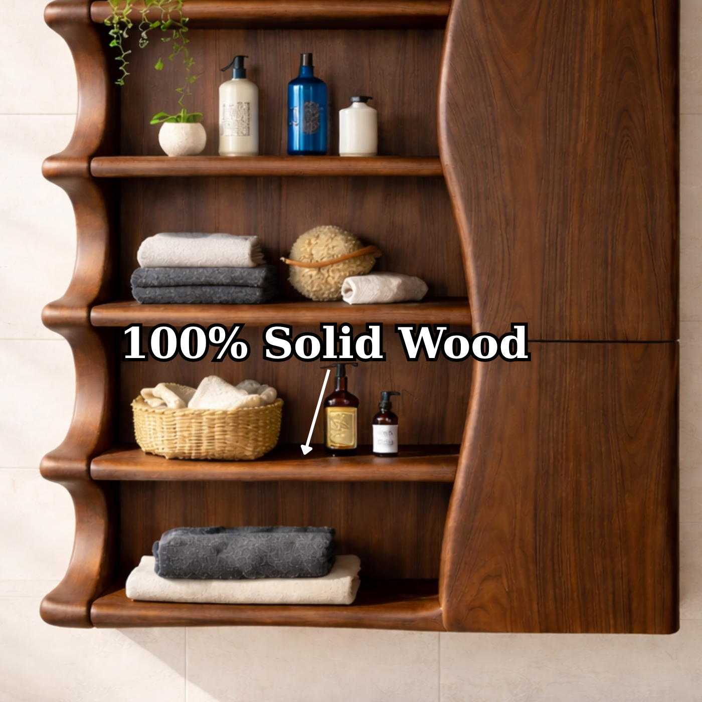 Solid Wood Floating Bathroom Cabinet with Wave Edge Shelves & Storage Door
