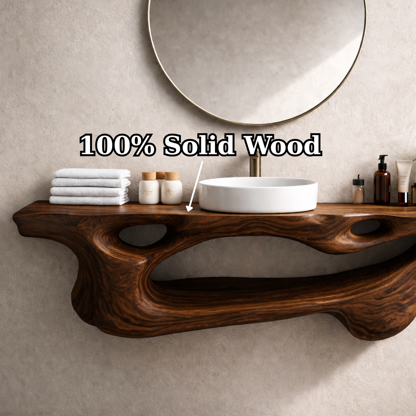 Solid Wood Floating Bathroom Vanity with Sculptural Live Edge – Modern Organic Wall Mounted Cabinet