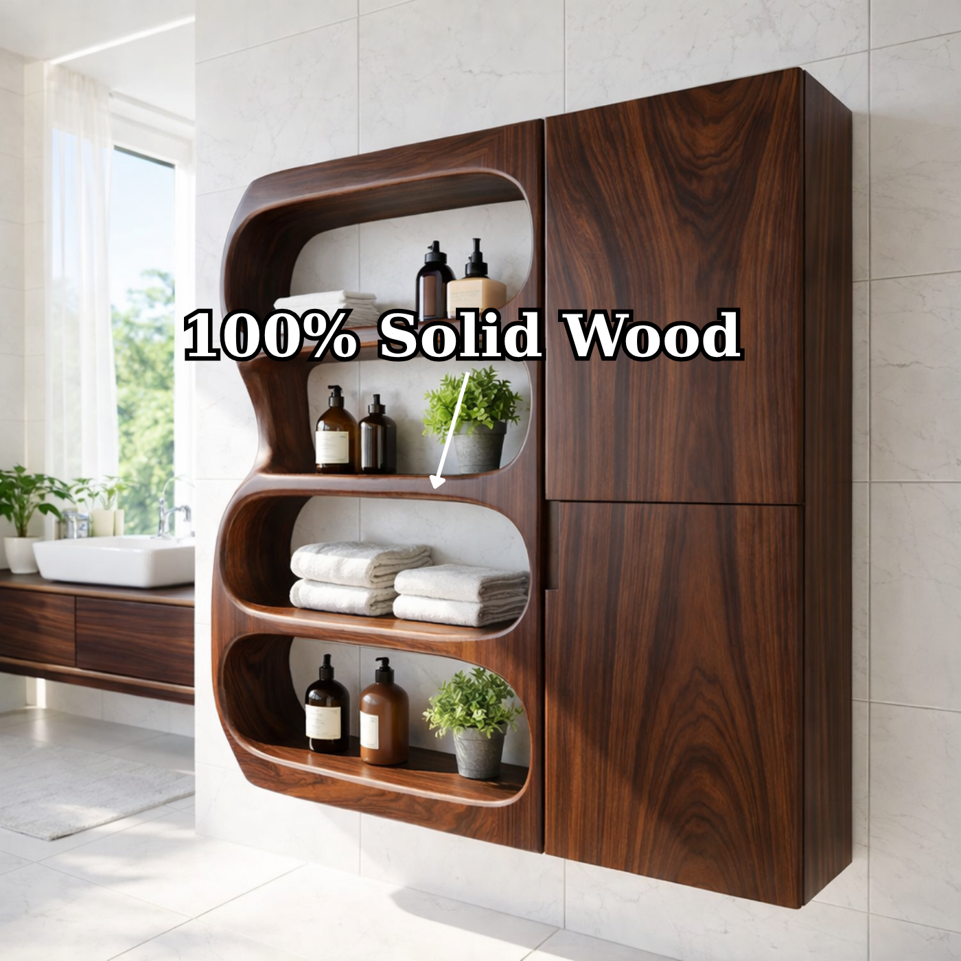 Solid Wood Floating Bathroom Cabinet with Curved Open Shelves & Storage Door