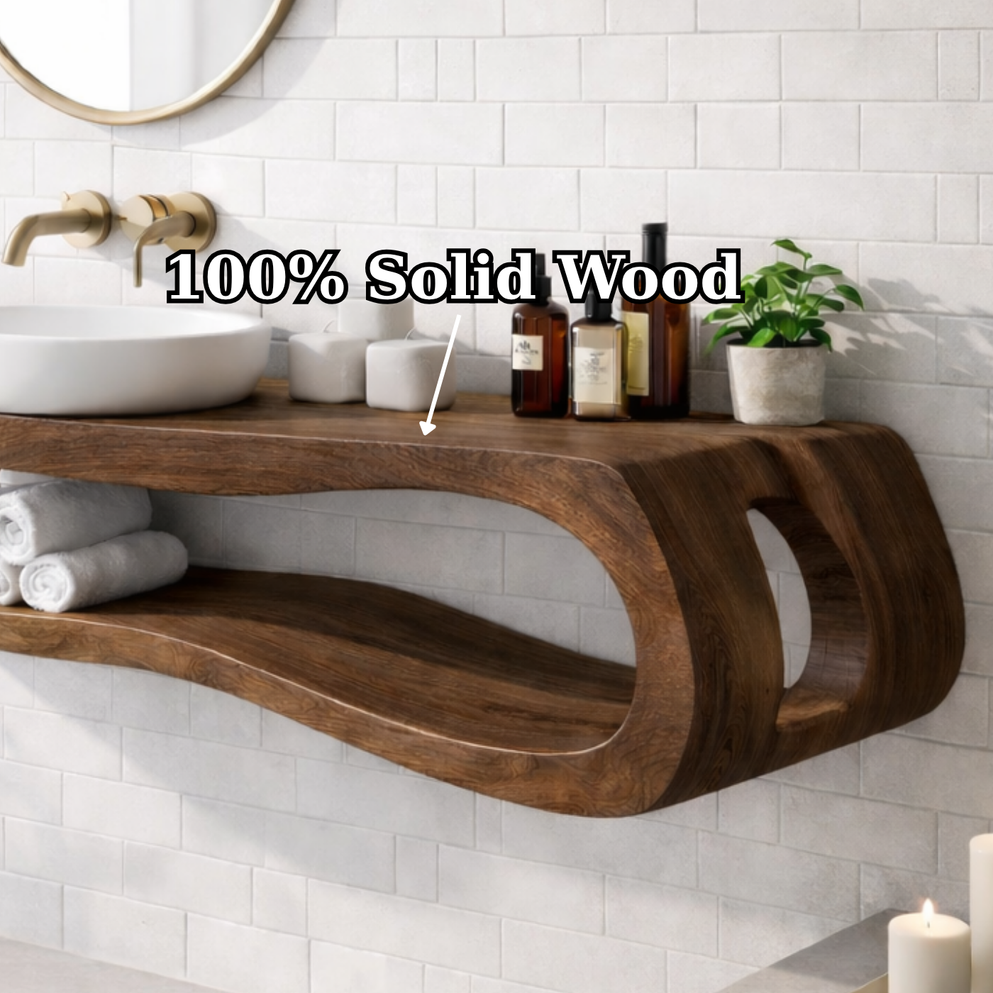 Solid Wood Floating Bathroom Vanity with Open Shelf – Modern Curved Wall Mounted Cabinet
