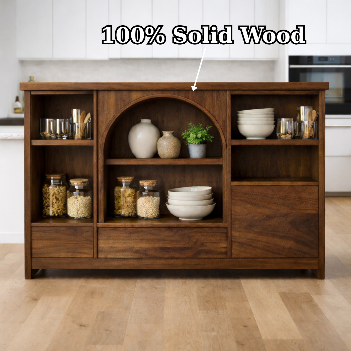 Solid Walnut Kitchen Island with Arched Center Shelf & Open Storage